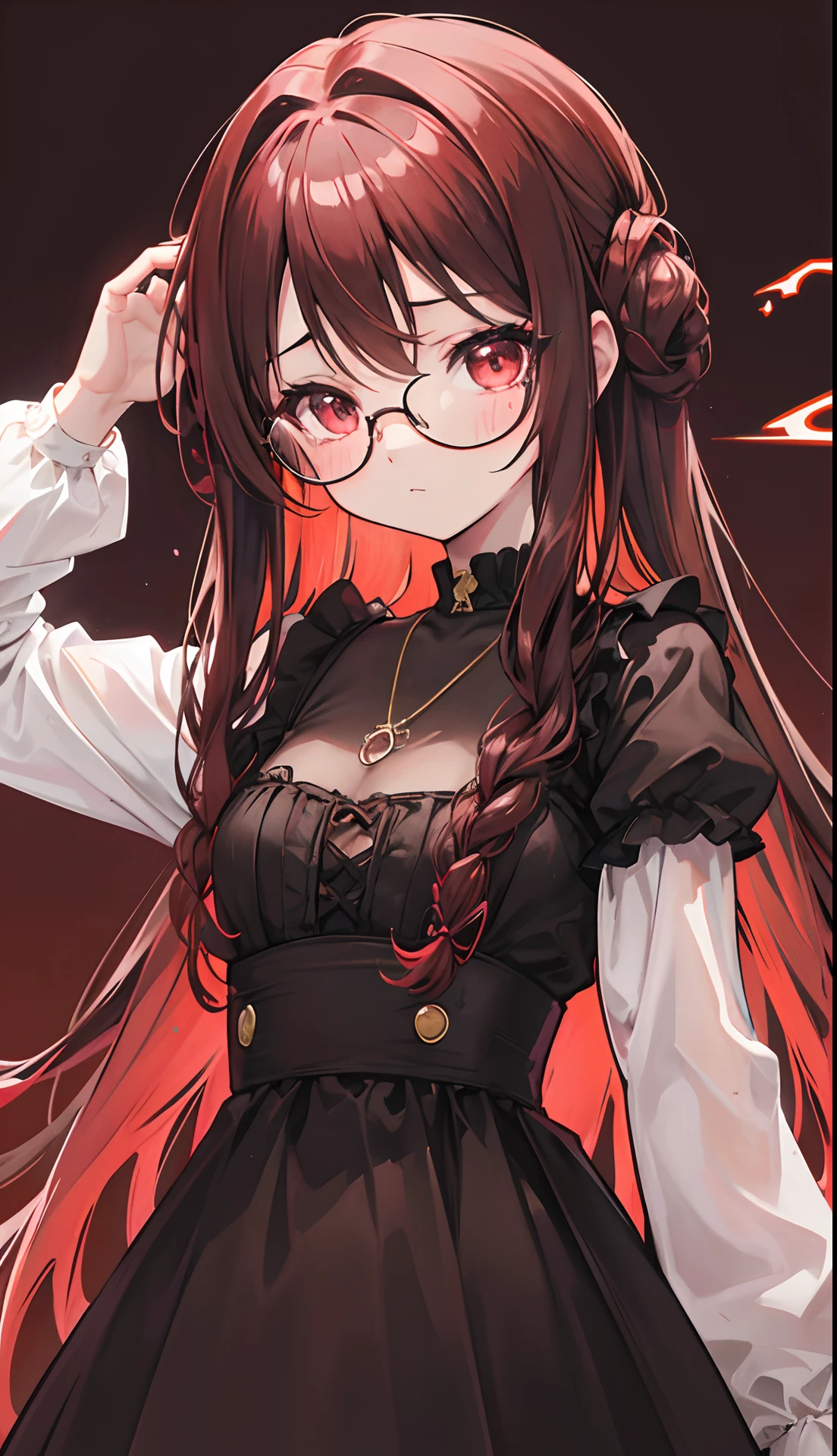 Reddish glow-brown braided hair,With thick black-framed glasses,The eyes are very affectionately glowing with fluorescence,With a cute black ring necklace,Lolita clothes in brown and red colors,Glowing,The face is shiny, super tender and shiny,is a ite cute liteet girl,Fluorescent overall,Delicate little loli litt swee