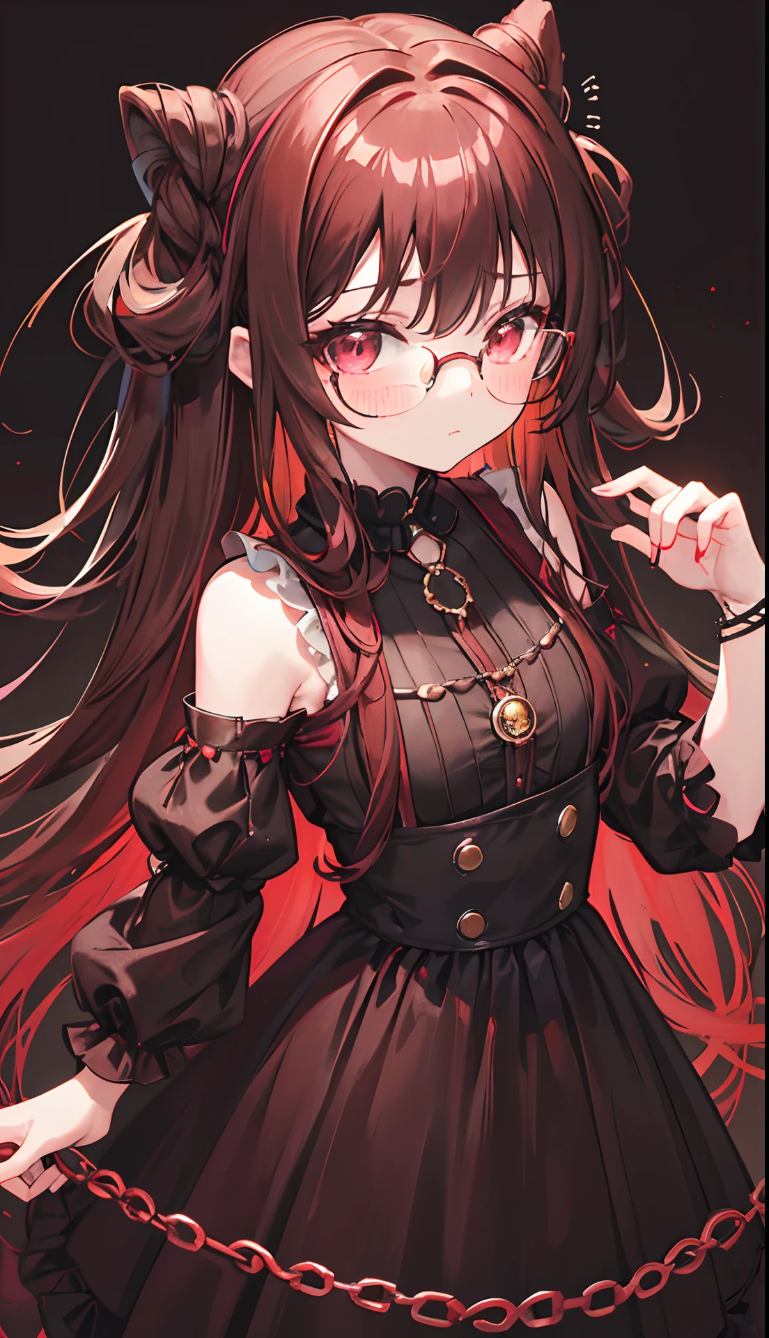 Reddish glow-brown braided hair，With thick black-framed glasses，The eyes are very affectionately glowing with fluorescence，With a cute black ring necklace，Lolita clothes in brown and red colors，Glowing，The face is shiny, super tender and shiny，is a ite cute liteet girl，Fluorescent overall，Delicate little loli litt swee