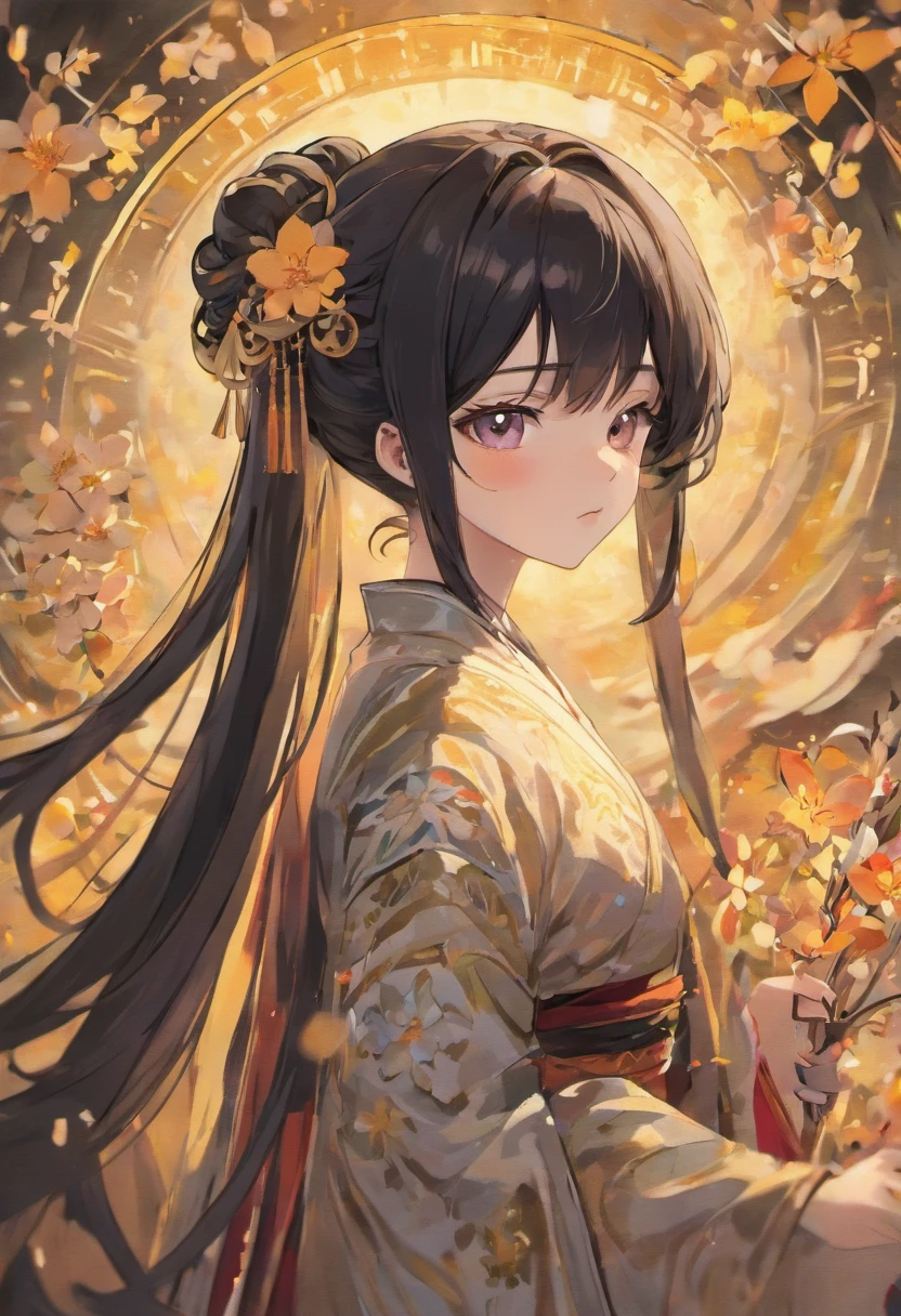 masterpiece, top quality, ultra resolution, ultra detailed, 1girl, black long hair, ponytail, perfect face, ultra detailed face, short height, white hanfu, flowers background