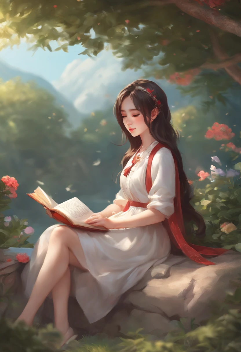 there is a young girl sitting on a rock with a book, sakimichan, chiho, in garden, profile picture 1024px, in a garden, anime style mixed with fujifilm, anime thai girl, cute kawaii girl, traditional art, profile pic, guweiz, small loli girl, medium portrait, ❤🔥🍄🌪