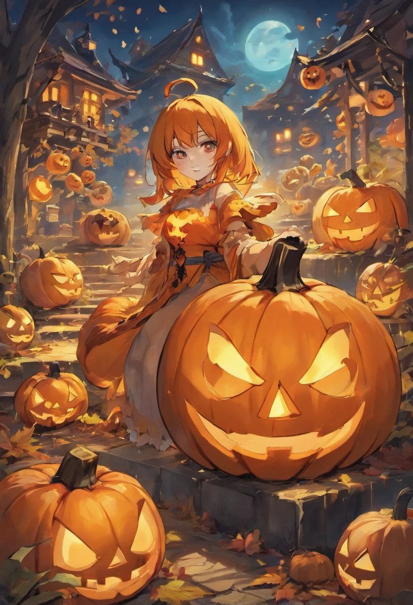 jack-o-lanterns、Spooky Halloween Garden Parrots and Jack-o'-Lanterns, Surrounded by bright autumn leaves. The garden is full of eerie lighting, Cast shadows on the carved face of a pumpkin, Create an eerie yet captivating atmosphere. Jack-o'-lanterns have a classic grinning face.、Illuminated by flickering candles. Colorful parrots perched on jack-o'-lanterns, Add a playful element to your scene. Images should be of the highest quality, Ultra-detailed, and realistic. The colors are vivid、It is necessary to evoke the spirit of Halloween.