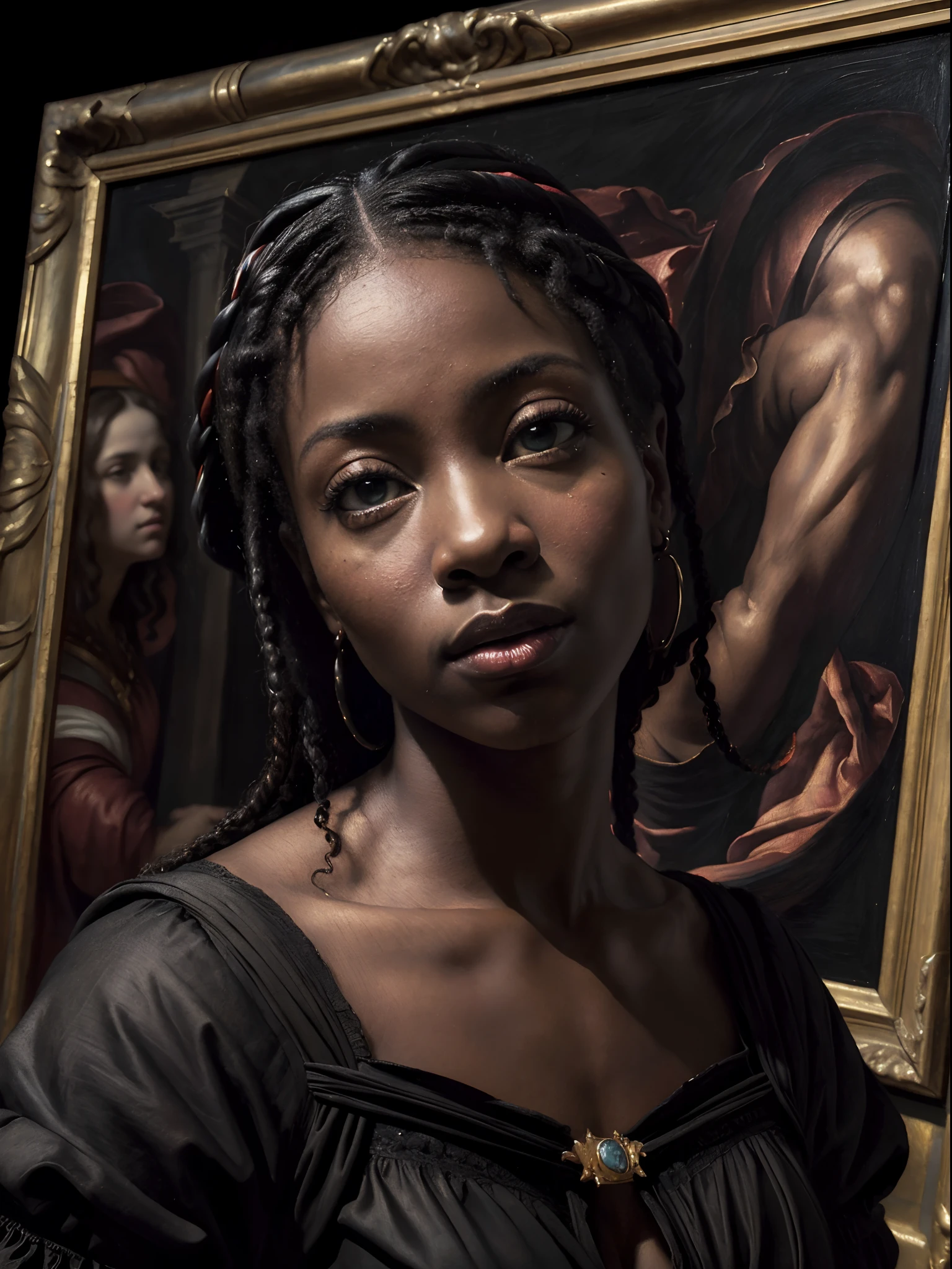 (Renaissance oil painting of a beautiful black woman:1.3), best quality, masterpiece, expressive, thrilling, 256k, epic, crepuscular lights, (by Michelangelo, by Rafael, by Rubens:1.2), chiaroscuro, best quality, masterpiece, (best hands)