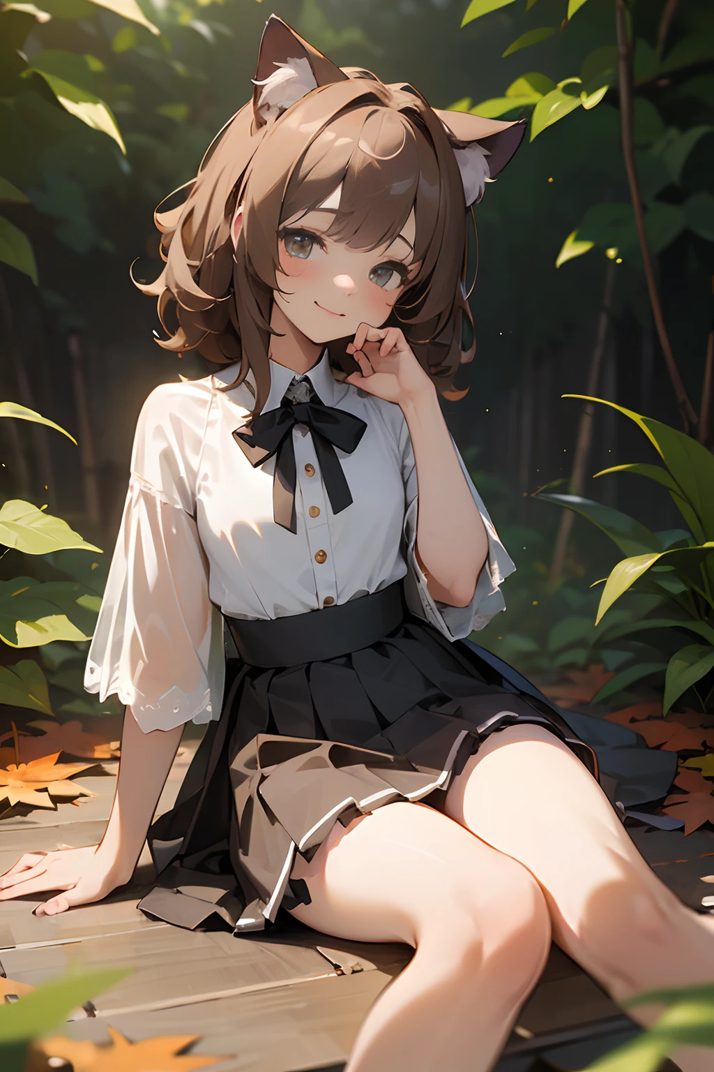 ((Masterpiece)), (High Definition:1.3), (Professional Photography:1.2), best quality, 8K, Textured skin, cinematic lighting, 1girl, wide-shot, (Cute innocent age girl), slendar body and small chest, very messy medium hair, (Wearing tulle-skirt), blush and smile, cat ears, pale brown hair, innocent posing in the large garden, autumn day