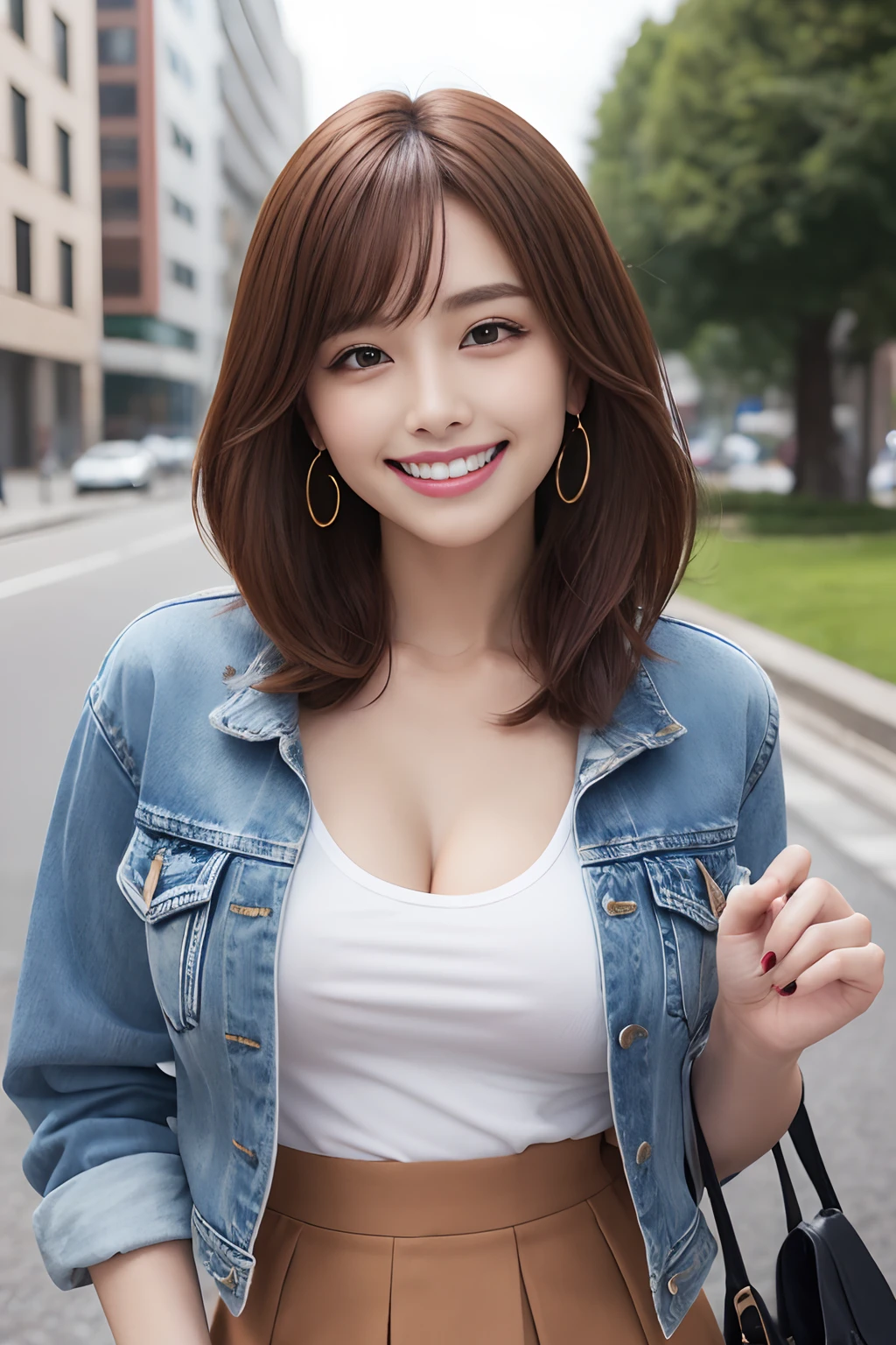 8K raw photos、Beautie:2.0、24 year old、japanes、prety woman１a person、cleavage of the breast、(white tank tops)、((denim jackets:1.2))、((flered skirt:1.2))、beautiful eyes finely detailed、Eye lashes、((Brown eyes:1.2))、Beautiful double eyelids、eyeshadows、Perfect eye makeup、((A smile:1.6))、Beautiful and thin legs、(chestnut-colored hair)、Bob Hair、fluffy hair、Opening the jacket by hand、stadio、Daytime、Latina、Photorealsitic:1.9、tthin eyebrows、Tear bag、lofty nose、((Highly sexual))