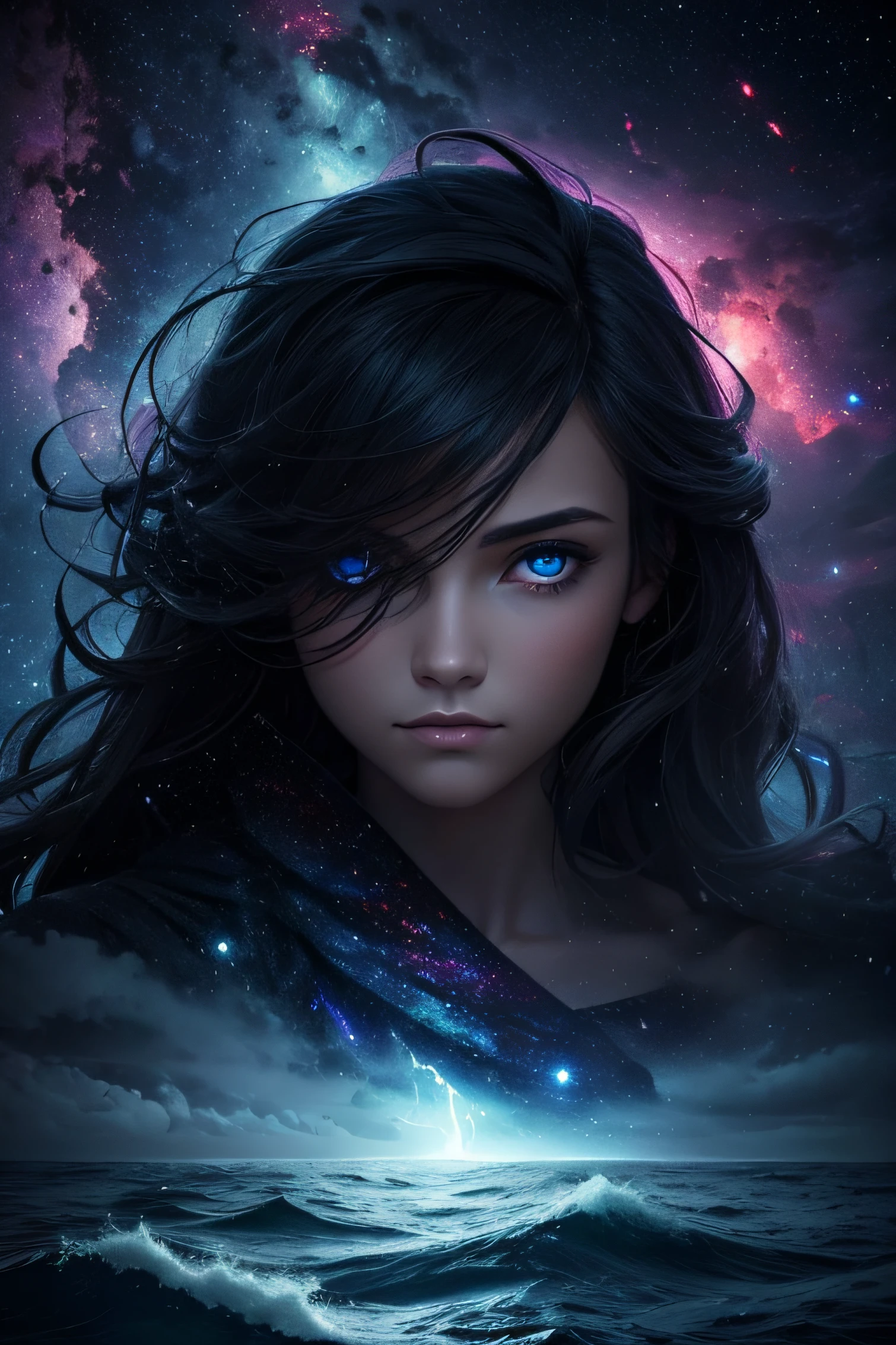 only female eyes, a storm on the ocean, nebulae in the background