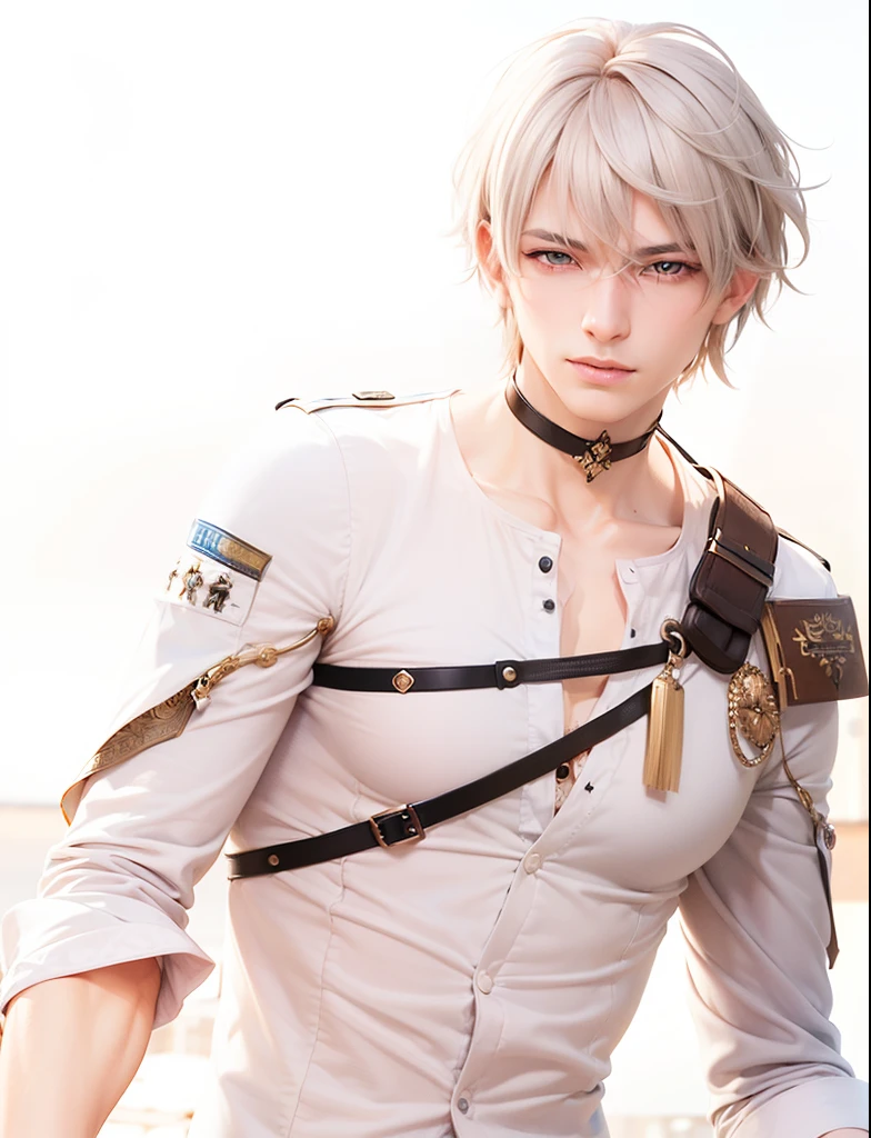 masculine male, masterpiece, ((perfect eyes)) best quality, (semirealism:1.9), beautiful lighting, (extremely detailed CG unity 4k fhd wallpaper), High Detail, Sharp focus, dramatic outdoors, 1 boy ,19 years old, white hair, light purpel eyes, smile.