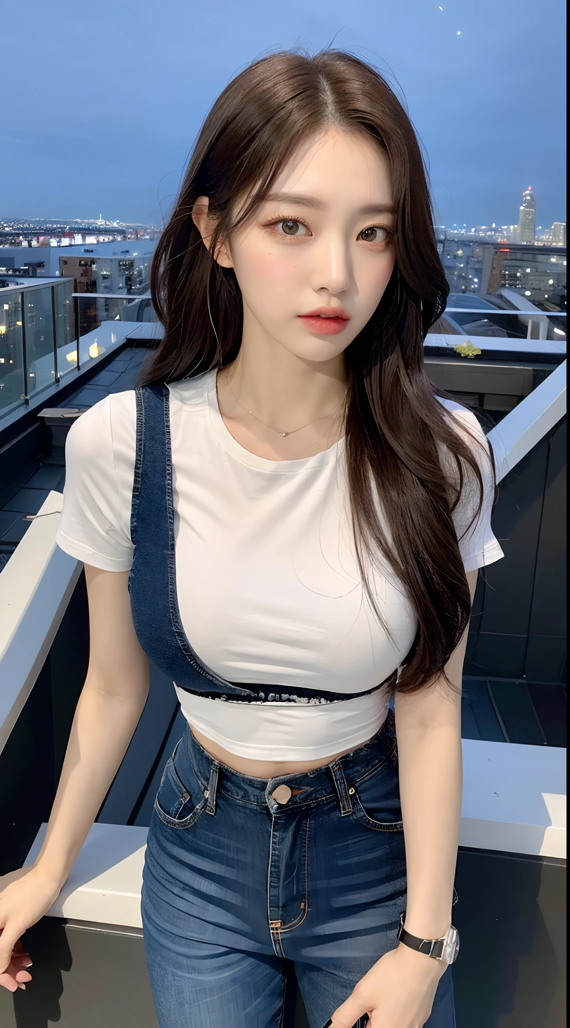 ((Midnight, Best quality, 8k, Masterpiece :1.3)), Whole body, Long legs, Sharp focus :1.2, A pretty woman with perfect figure :1.4, Slender abs :1.1, ((Dark brown hair, Big breasts :1.2)), (White tight tshirt, Jean bib, Standing:1.2), ((Night city view, Rooftop:1.3)), Highly detailed face and skin texture, Detailed eyes, Double eyelid