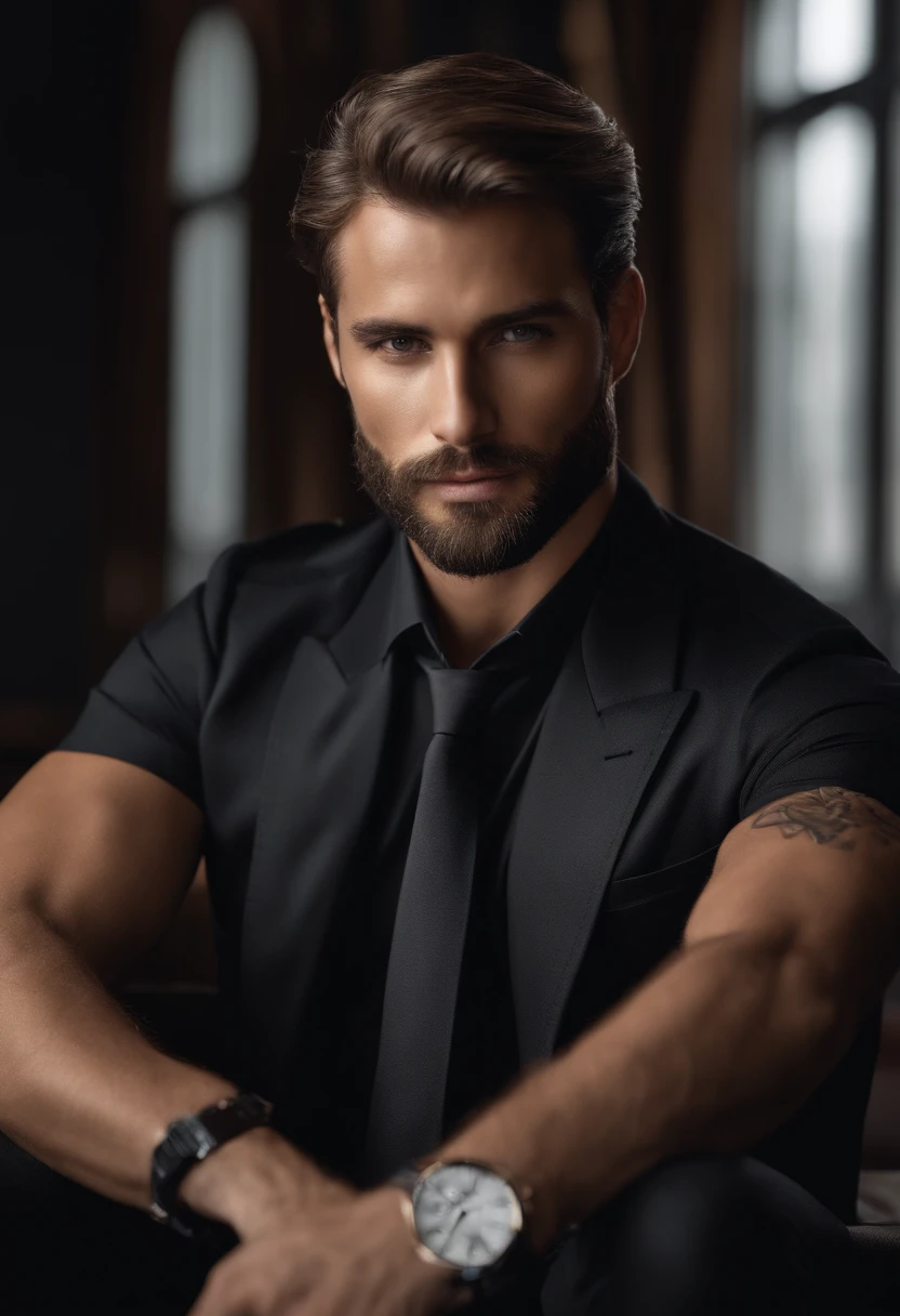 au-dessus、Faire un bel homme de 30 ans dans un costume noir et une cravate, PDG, dark blond hair and beard, (Homme en costume noir et cravate), ), (Utilisez une barbe,) Attractive and serious appearance, cheveux noirs courts, Elegant and elegant, Rasage avec un ajustement parfait et un corps fort, (High quality, Realistic images), Dark and light black on image background, Filmstil, ((premier quality, 8k, шедевр), Ultra High Definition Photo, (Beautiful detailed faces, detailed skin texture, Hyper-detailed body:1.1)cheveux qui retombent legeremlent sur le front