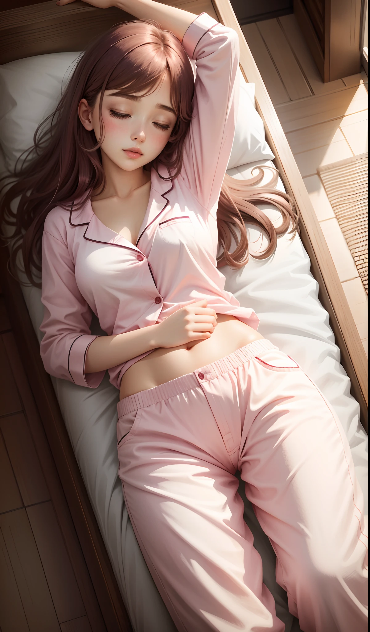 Sleeping girl, 22 years old, realistic, she is wearing long pants, she is wearing pink pajama, brown hair.