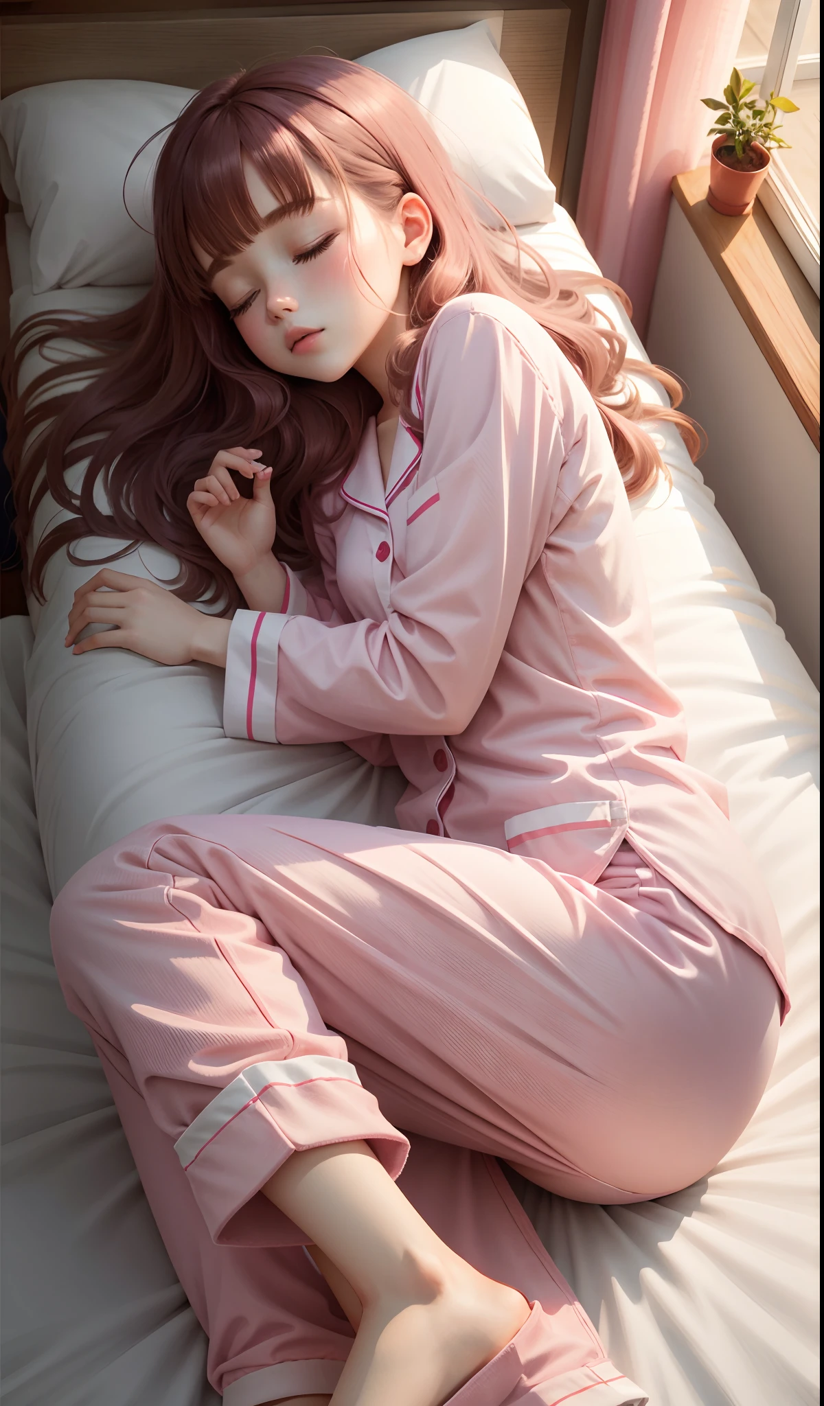 Sleeping girl, 22 years old, realistic, she is wearing shorts, pink pajamas, brown hair.