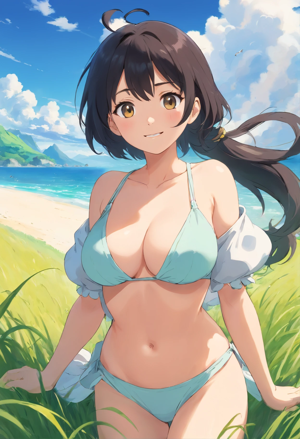 one-girl,cropped shoulders,Huge breasts,cleavage,Open navel,grassy fields,ssmile,Upper body photo,Black color hair,upon the clouds,white clothes,比基尼,swim wears,sandbeach