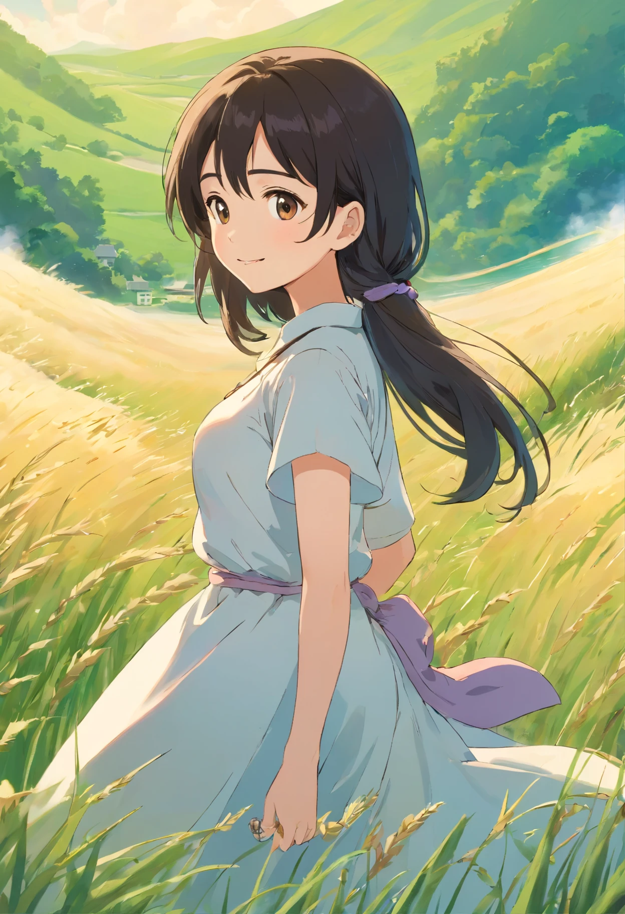 one-girl,cropped shoulders,Huge breasts,cleavage,Open navel,grassy fields,ssmile,Upper body photo,Black color hair,upon the clouds,white clothes,比基尼,swim wears,sandbeach