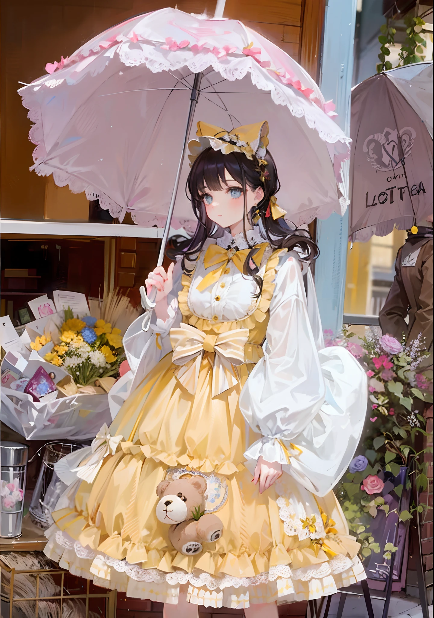araffe girl in a yellow dress holding an umbrella and a teddy bear, ta style, loliashion, wearing wheat yellow gauze, portrait of magical lolita g kawaii style, loli, fairyc dreamy style, victorian gothic lolita fashion, ow parasol, yellow clothes, with yellow cloths, style of magical girl, lolita, angelic pret