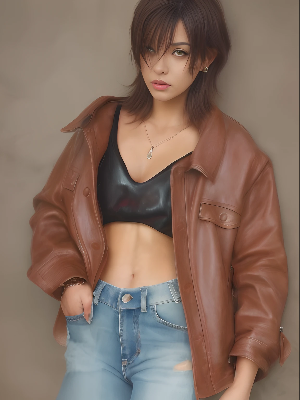 A picture of a woman in a leather jacket and jeans, urban girl fanart, Full body character drawing, full body portrait of a short, full bodyesbian, a realistic style, Fully clothed, realistic portrait full body, sportrait,