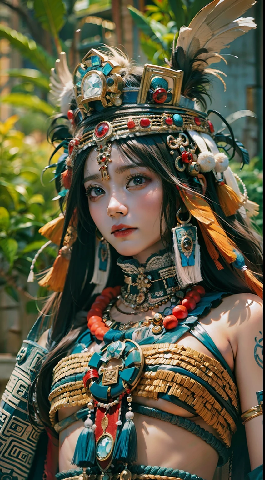 Beautiful woman in insanely complicated Mayan shaman costume