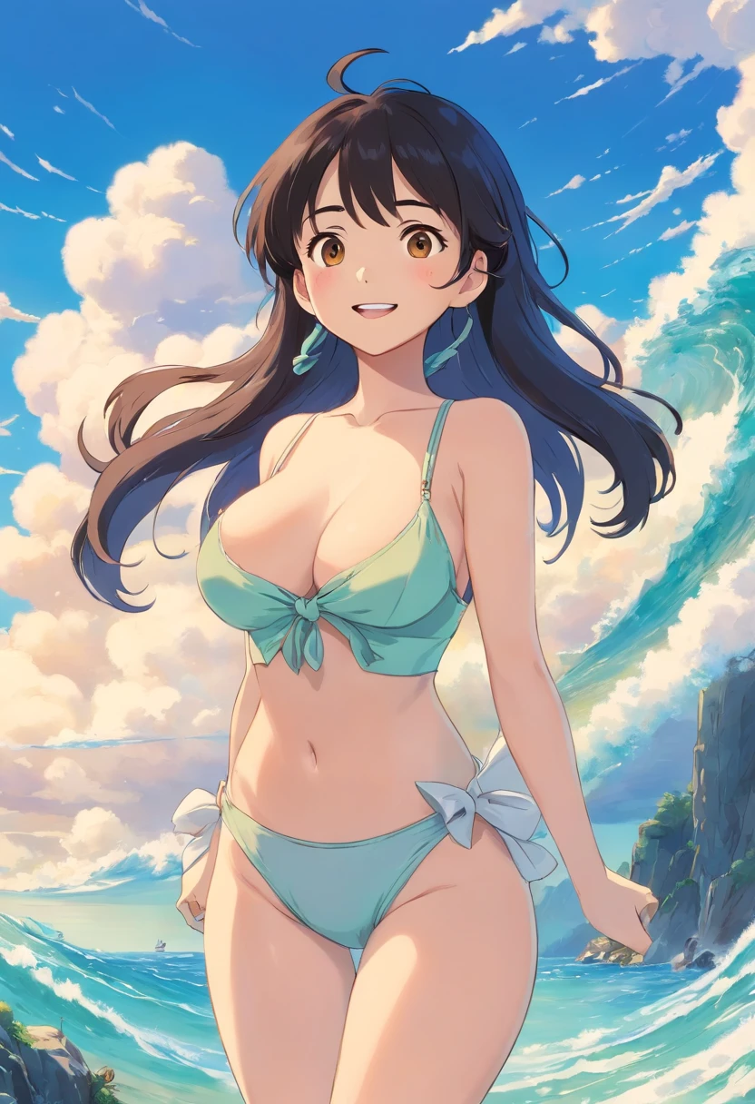 one-girl,cropped shoulders,Huge breasts,cleavage,Open navel,ssmile,Upper body photo,Black color hair,upon the clouds,white clothes,比基尼,swim wears,sandbeach,the sea