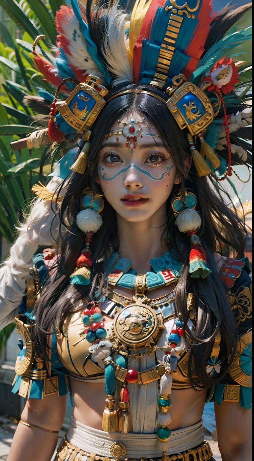 Beautiful woman in insanely complicated Mayan shaman costume