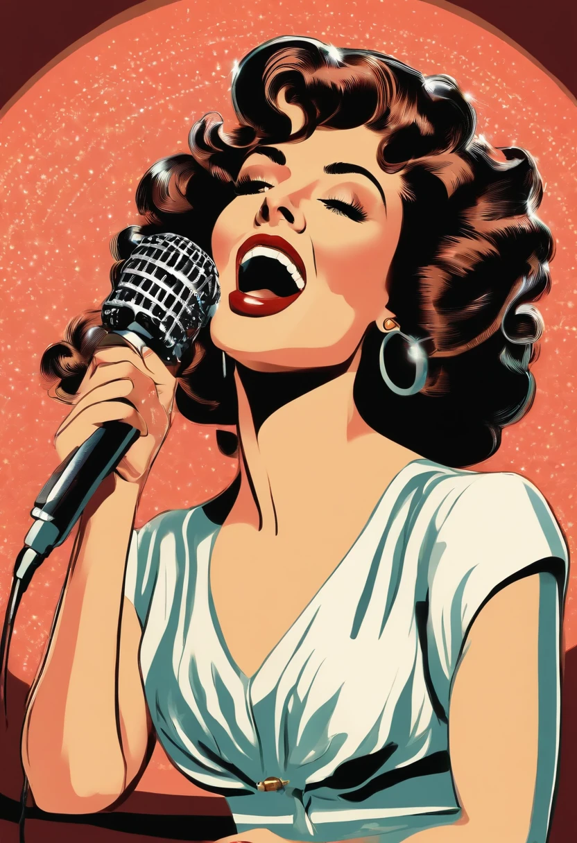 A portrait of a beautiful young woman singing karaoke, vintage illustration, chromolithograph, 80s style, white background.