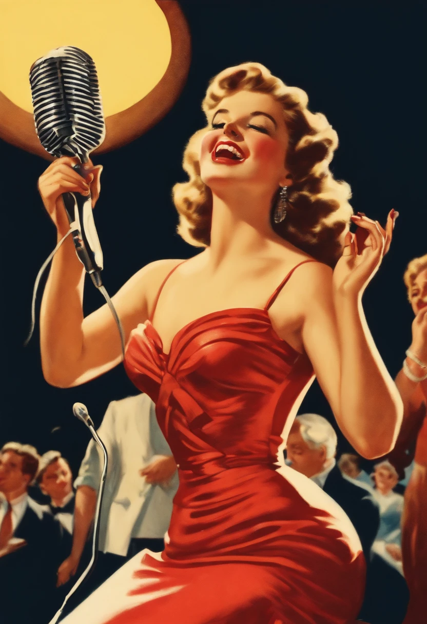 A portrait of a beautiful young woman singing karaoke, vintage illustration, chromolithograph, 80s style, white background.