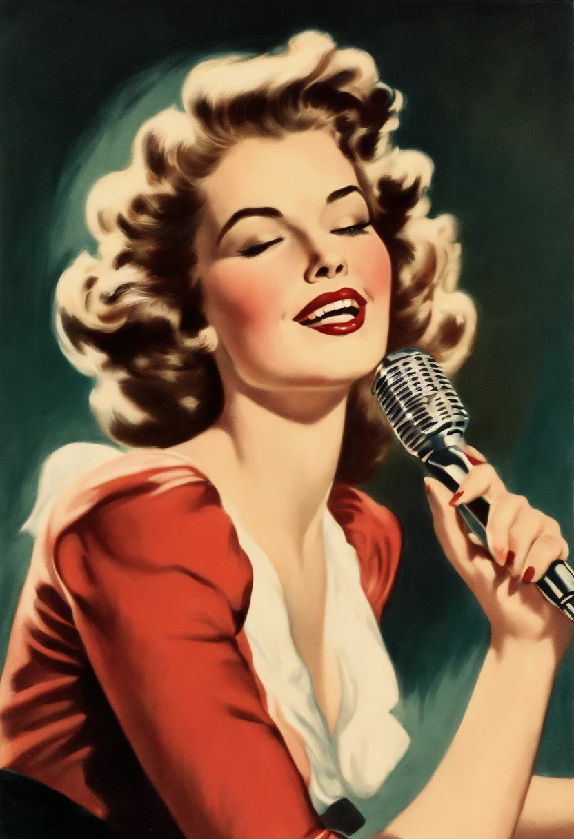 A portrait of a beautiful young woman singing karaoke, vintage illustration, chromolithograph, 80s style, white background.