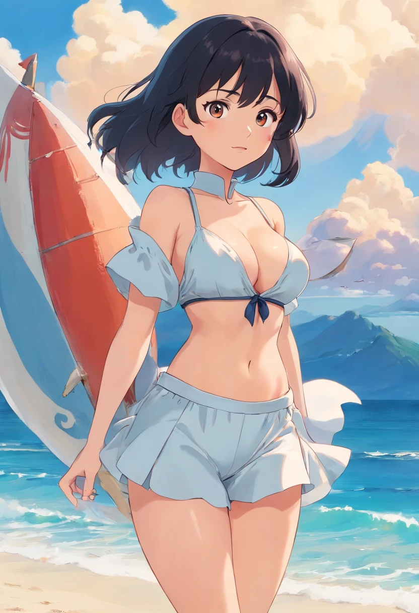 one-girl,cropped shoulders,Huge breasts,cleavage,Open navel,Upper body photo,Black color hair,upon the clouds,white clothes,比基尼,swim wears,sandbeach,the sea,Close-up shot