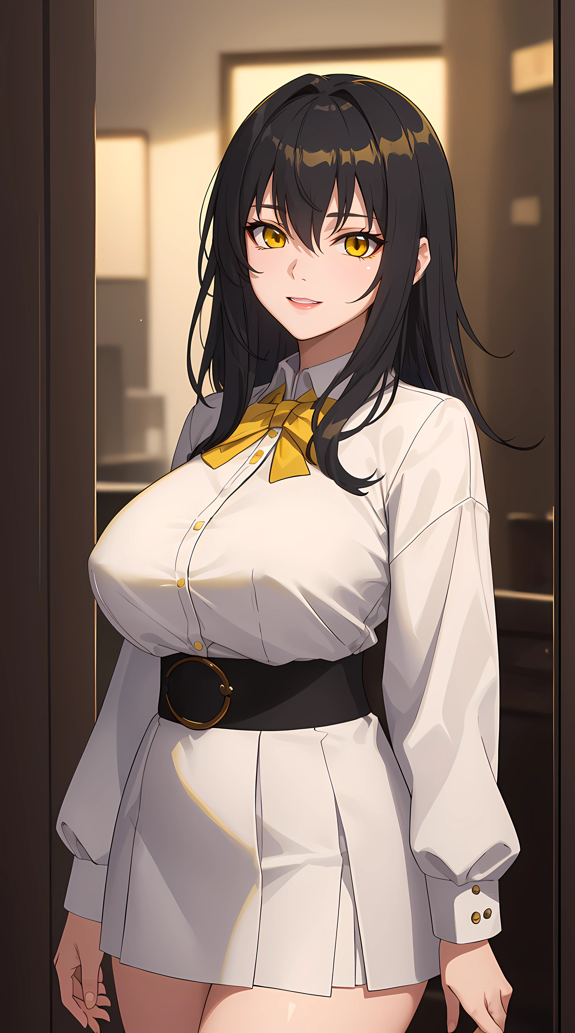 (masterpiece:1.4),(best quality:1.4),  soft lighting, cinematic bloom, beautiful face, beautiful eyes, cowboy shot,
1girl, solo, female mature, black hair, long hair, (yellow eyes:1.4), large breasts, school outfit, white outfit, highschool, hair intakes, exquisite eyes detail, exquisite character design unity details 8k hdr, professional art, landscape, (solo:1.5, 1girl:1.4, cowboy shot:1.5), sexy body, milf, 35 years old girl, big thighs, sexy waist, happy smile