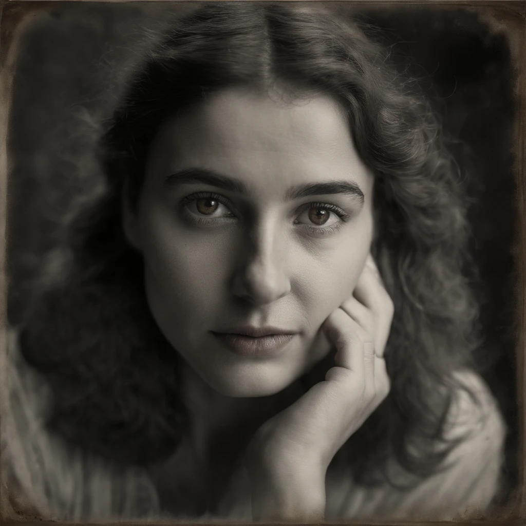 Close-up of young woman's face, Posing with a hand on her chin on a piece of paper, Realistic old photos, Realistic old photos, Grainy and damaged photos, On old paper, old photo, old photo, Damaged photos, Very old photos, old photo, Post-grunge portrait, inspired by Anna Füssli, old photo, Look at Ebrusahin, return.