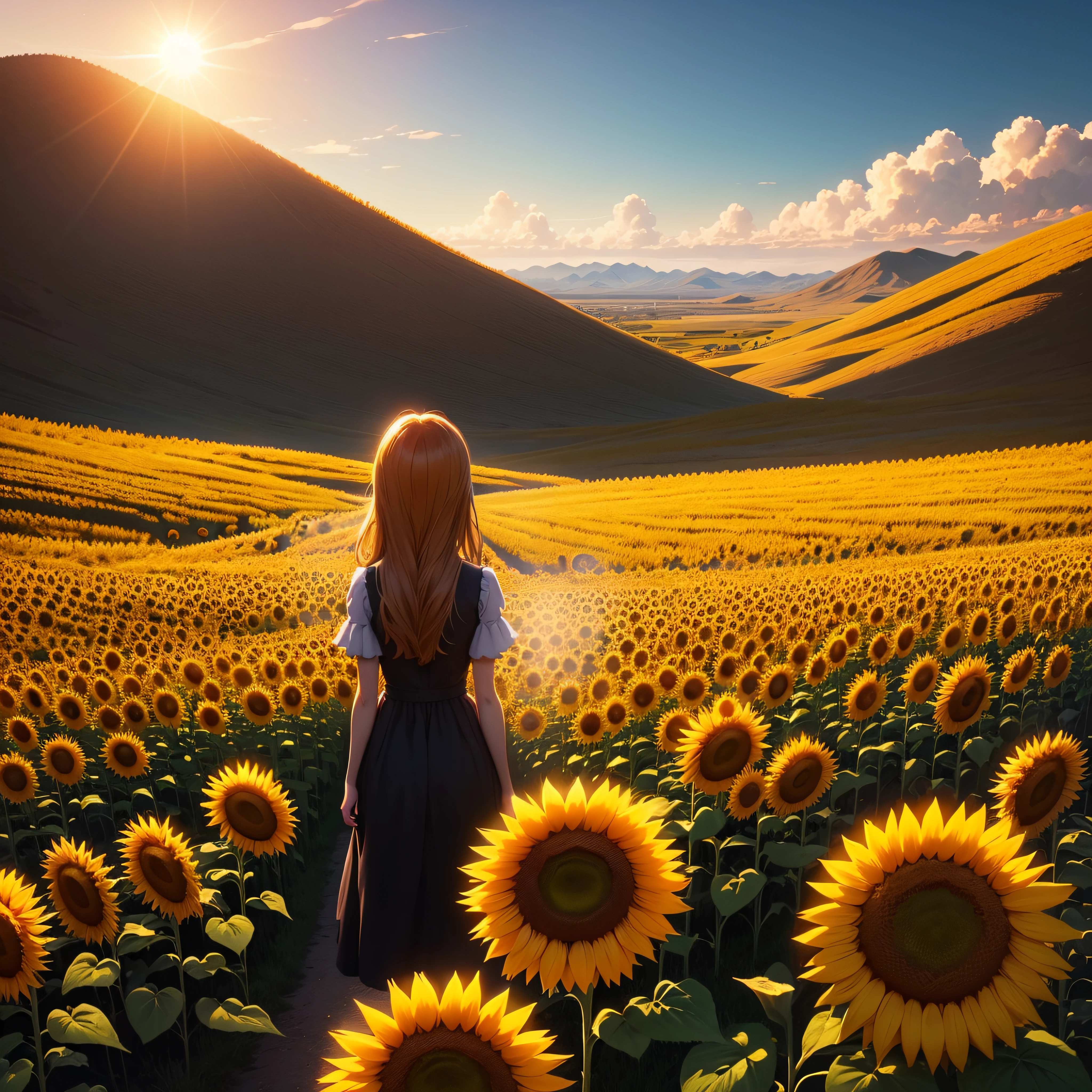 a hill of sunflowers with the sun behind it, there is a girl there facing the sun and her shadow falls behind her, anime style, 16:9 aspect ratio