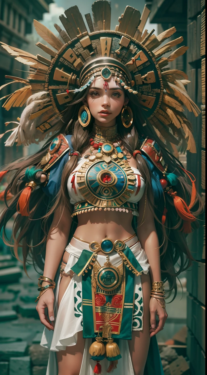 Beautiful woman in insanely complicated Mayan shaman costume