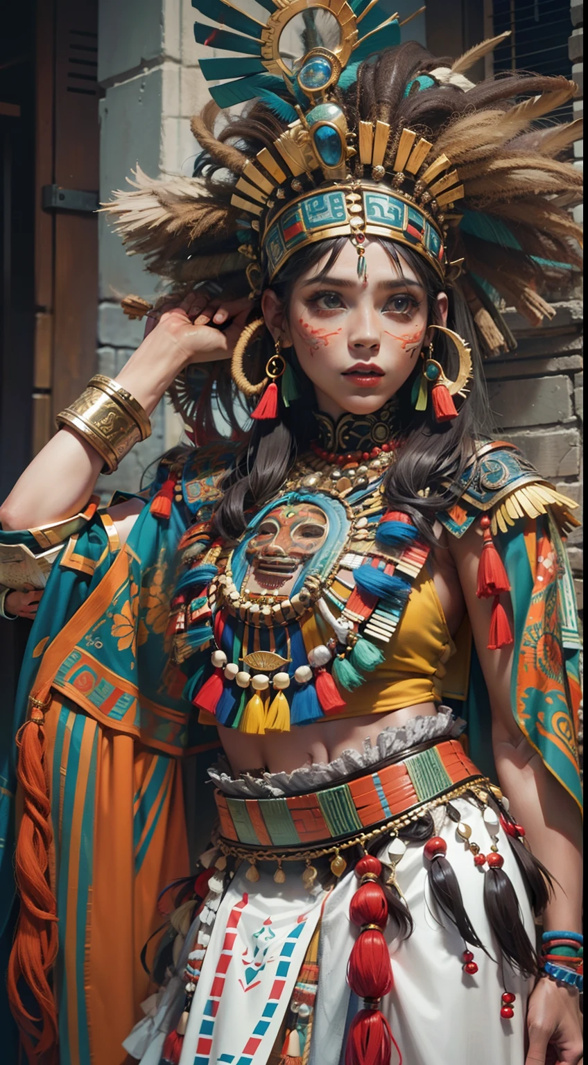 Beautiful woman in insanely complicated Mayan shaman costume