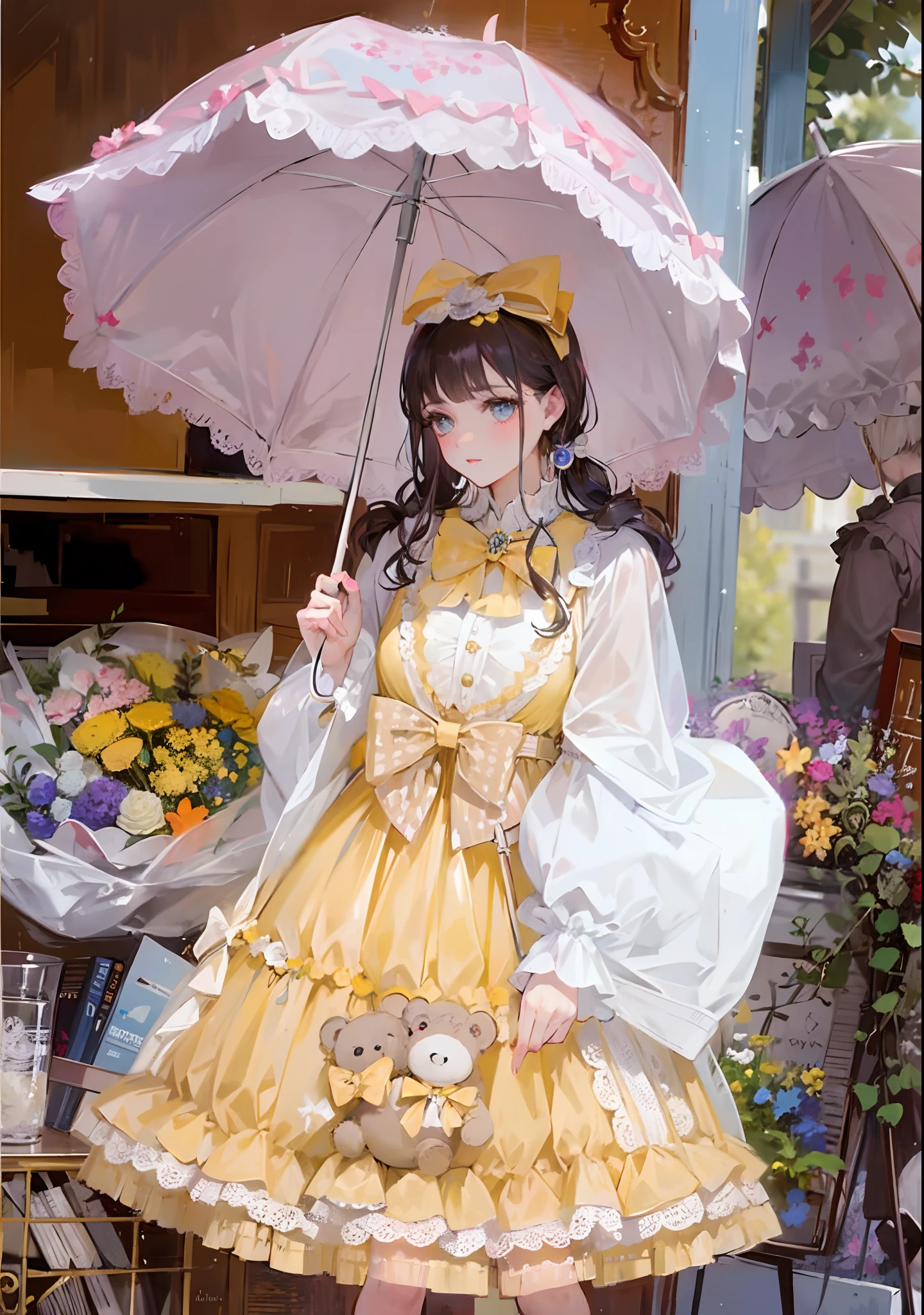 araffe girl in a yellow dress holding an umbrella and a teddy bear, lolita style, hair bow, lolita fashion, wearing wheat yellow gauze, portrait of magical lolita girl, kawaii style, loli, fairycore, dreamy style, victorian gothic lolita fashion, yellow parasol, yellow clothes, with yellow cloths, style of magical girl, lolita, angelic pretty