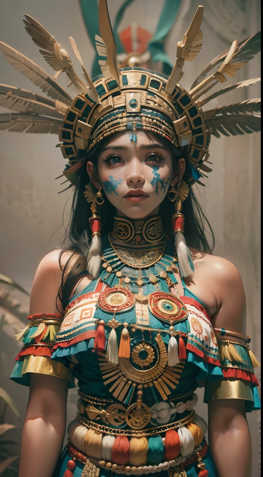 Beautiful woman in insanely complicated Mayan shaman costume