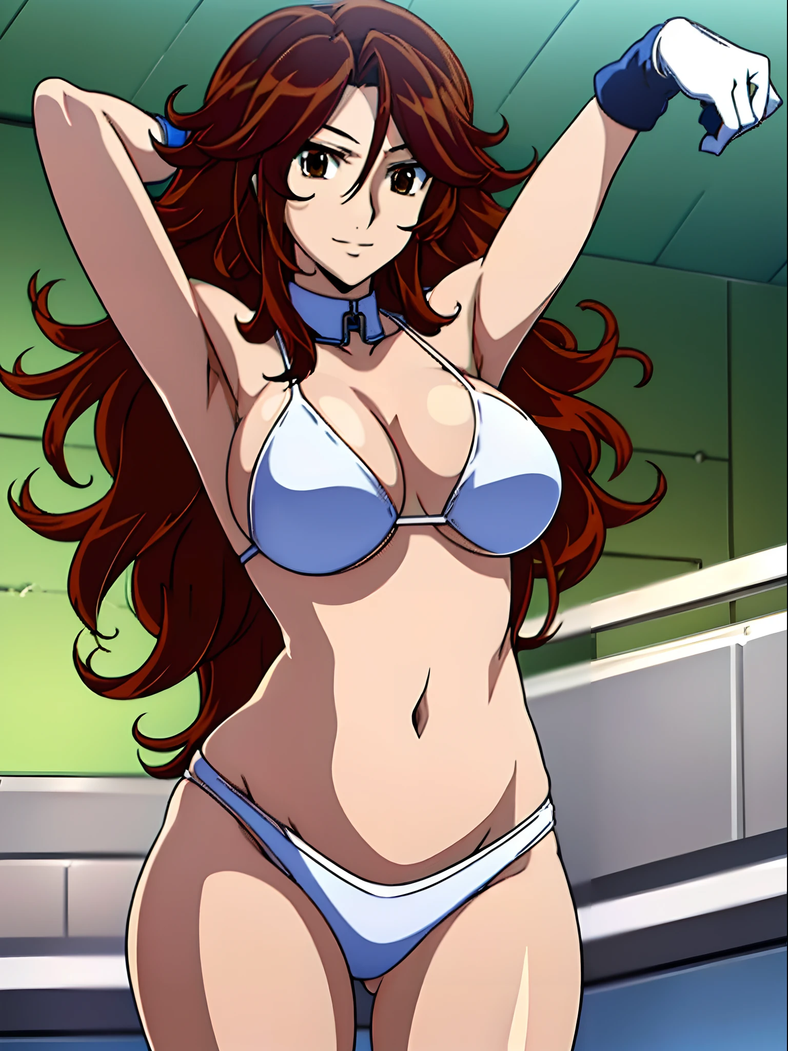 cowboy shot, upper body view, anime style: 1.8, anime drawing, ultra detailed face, ultra detailed body, ultra detailed hair, 4k, Sumergai Lee Noriega, (standing), best quality, anime style, hires, highest definition, digital blending, bold drawing lines, ((slender body, female pro wrestler), (location: wrestling arena, crowds watching), (weak body, tall, slender body, broad shoulders, slim arms, little biceps, thighs, drawn armpit line, long belly), ((white micro bikini, shorts, groin, white boots, white gloves, collar)), , smile, , (big breasts), (big eyes, brown eyes), (warming up), (brown hair, loose hair, curly hair, wavy hair, long hair, missy hair), 27 years old, sexy