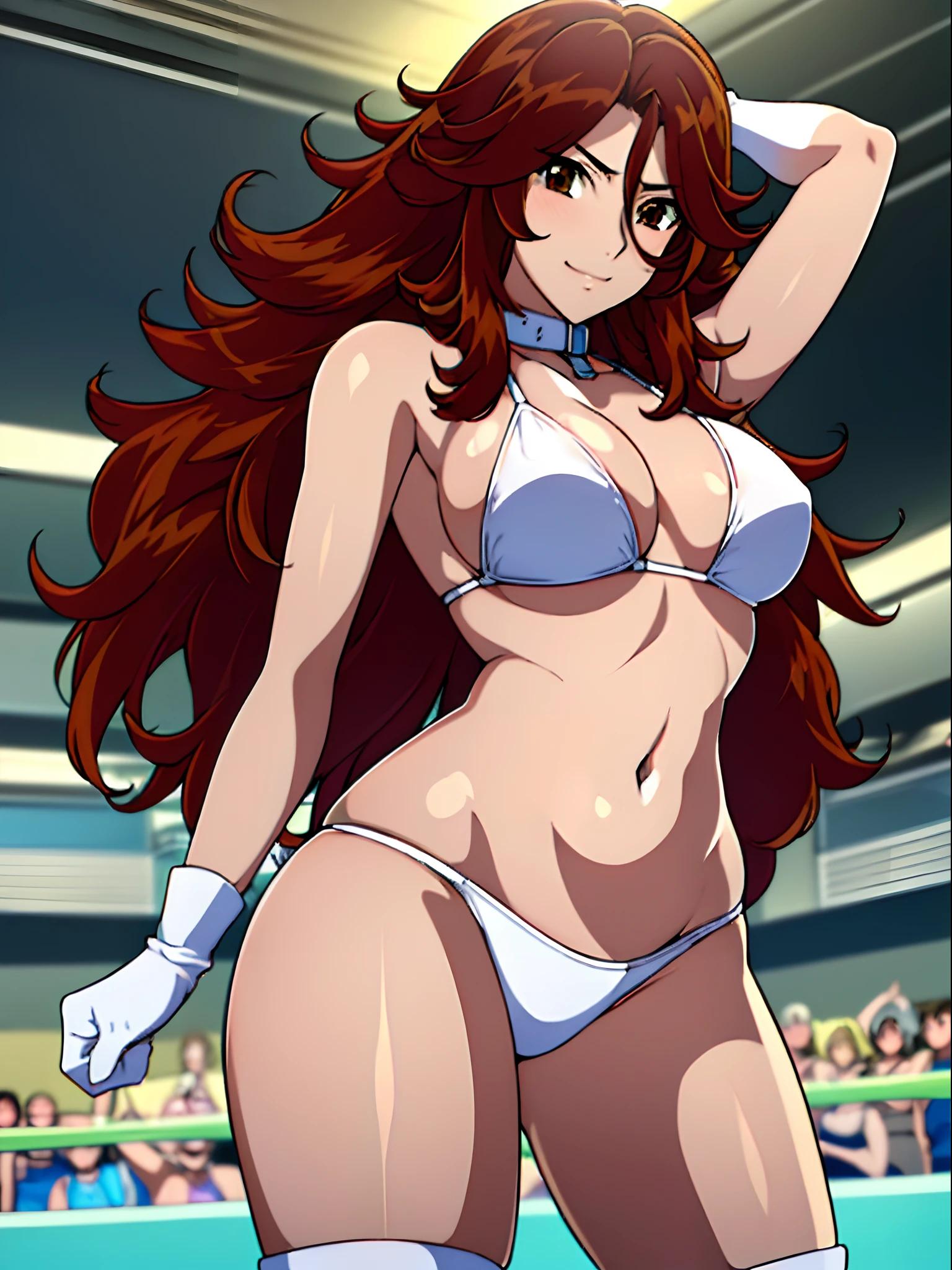 cowboy shot, upper body view, anime style: 1.8, anime drawing, ultra detailed face, ultra detailed body, ultra detailed hair, 4k, Sumergai Lee Noriega, (standing), best quality, anime style, hires, highest definition, digital blending, bold drawing lines, ((slender body, female pro wrestler), (location: wrestling arena, crowds watching), (weak body, tall, slender body, broad shoulders, slim arms, little biceps, thighs, drawn armpit line, long belly), ((white micro bikini, shorts, groin, white boots, white gloves, collar)), , smile, , (big breasts), (big eyes, brown eyes), (warming up), (brown hair, loose hair, curly hair, wavy hair, long hair, missy hair), 27 years old, sexy