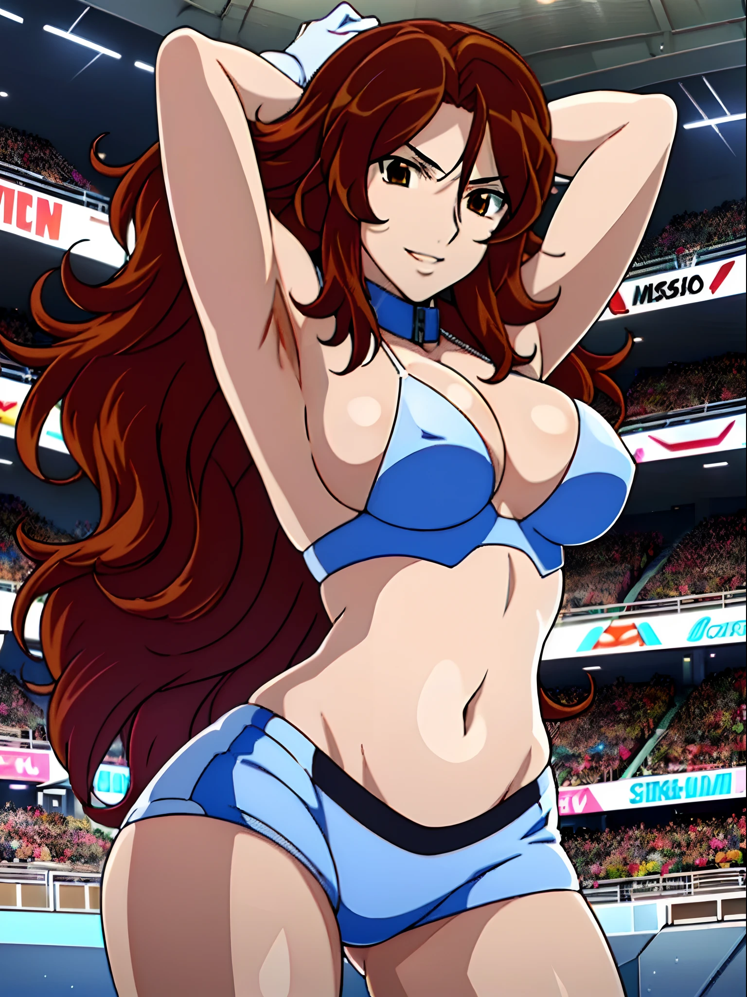 cowboy shot, upper body view, anime style: 1.8, anime drawing, ultra detailed face, ultra detailed body, ultra detailed hair, 4k, Sumergai Lee Noriega, (standing), best quality, anime style, hires, highest definition, digital blending, bold drawing lines, ((slender body, female pro wrestler), (location: wrestling arena, crowds watching), (weak body, tall, slender body, broad shoulders, slim arms, little biceps, thighs, drawn armpit line, long belly), ((white micro bikini, shorts, groin, white boots, white gloves, collar)), , smile, , (big breasts), (big eyes, brown eyes), (warming up), (brown hair, loose hair, curly hair, wavy hair, long hair, missy hair), 27 years old, sexy