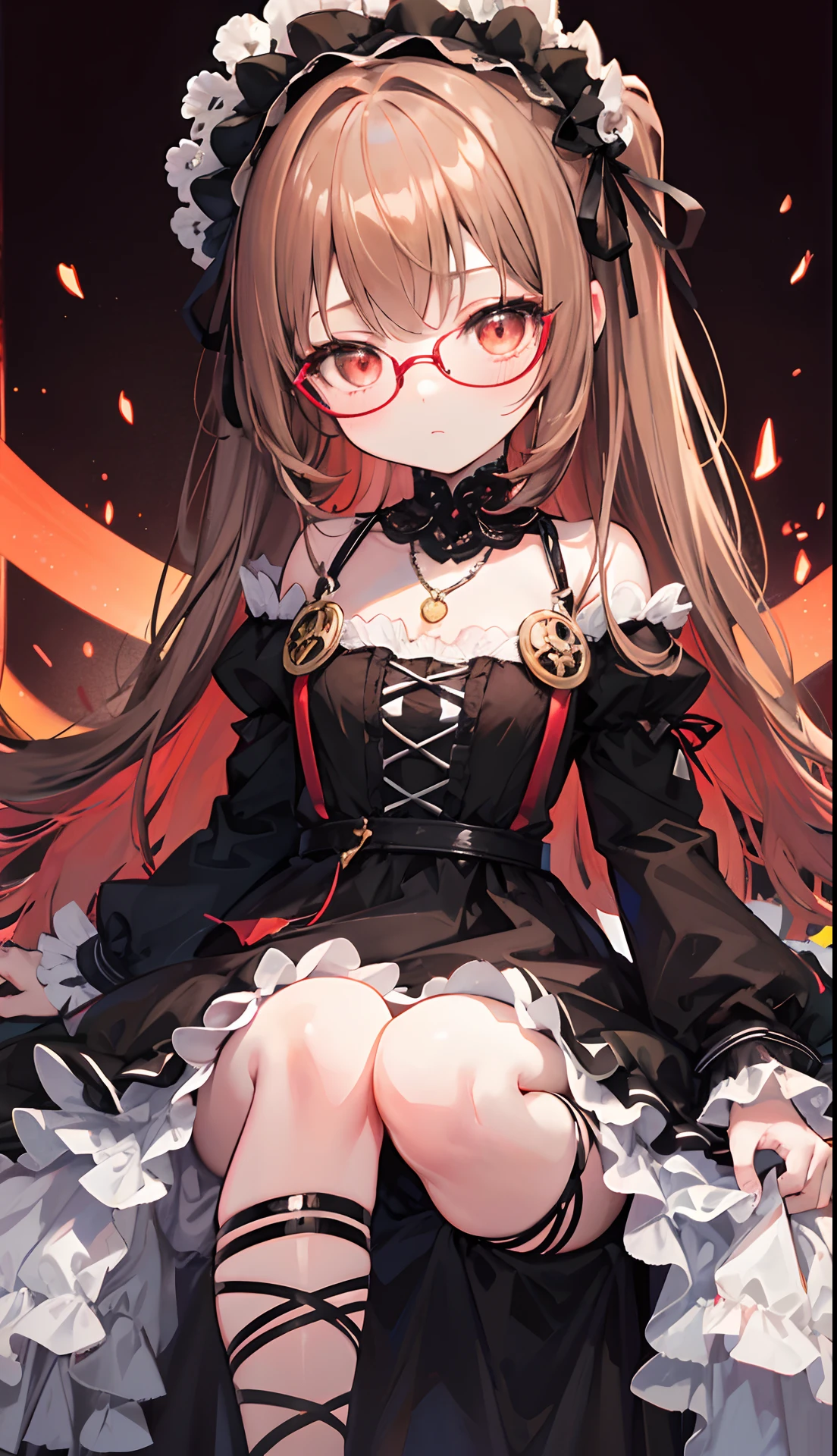 Reddish glow-brown braided hair，With thick black-framed glasses，The eyes are very affectionately glowing with fluorescence，With a cute black ring necklace，Lolita clothes in brown and red colors，Glowing，The face is shiny, super tender and shiny，is a petite cute little sweet girl，Fluorescent overall，Delicate little loli little sweet girl