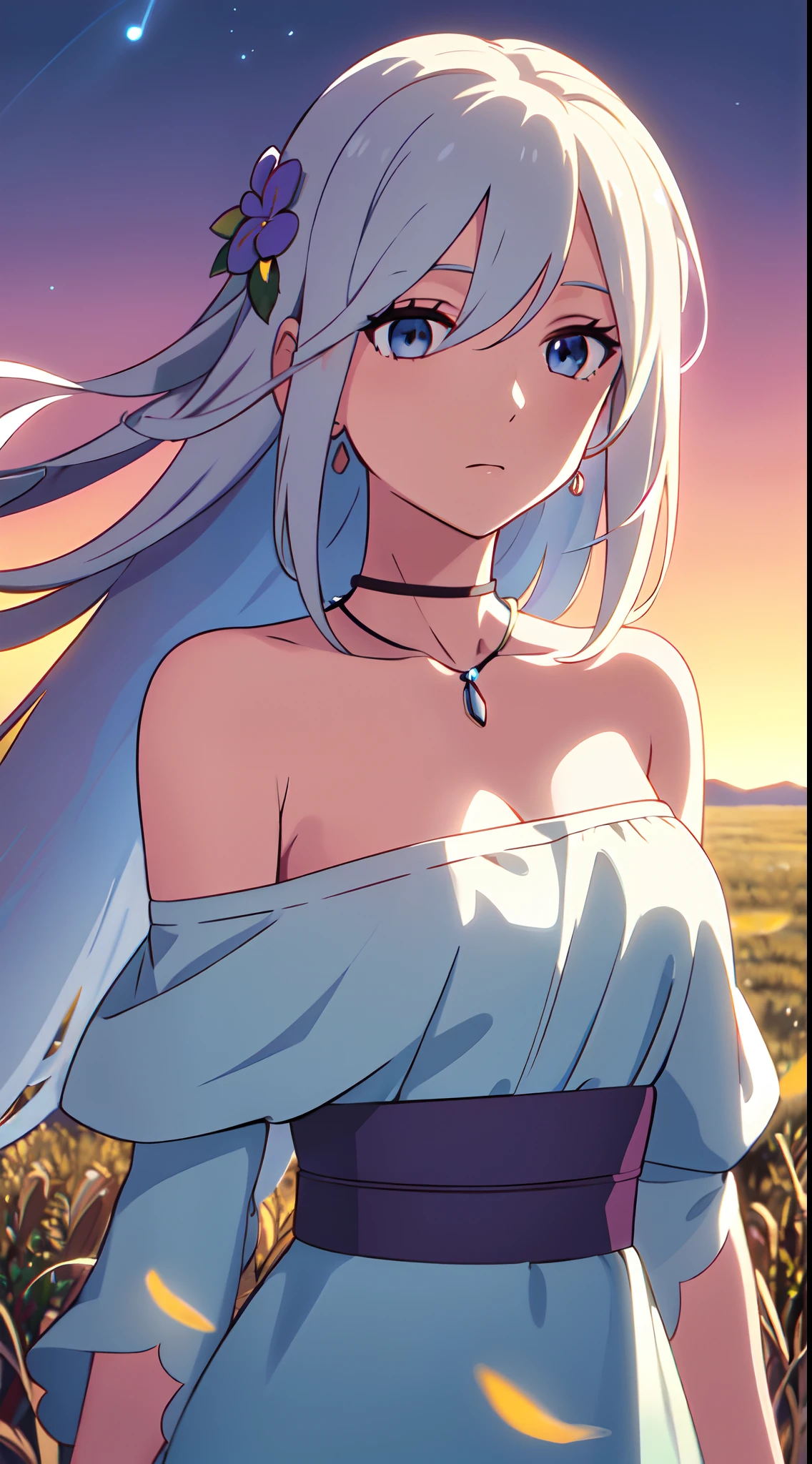 masterpiece, best quality, 1lady, solo, very long hair, white hair, blowing hair, (flowers hair ornament), light blue eyes, necklace, earrings, night, Vast sky, beautiful skyline, fireflies, fantasy, off shoulder blue dress, night scenery, behind view, touching wheat field, close up