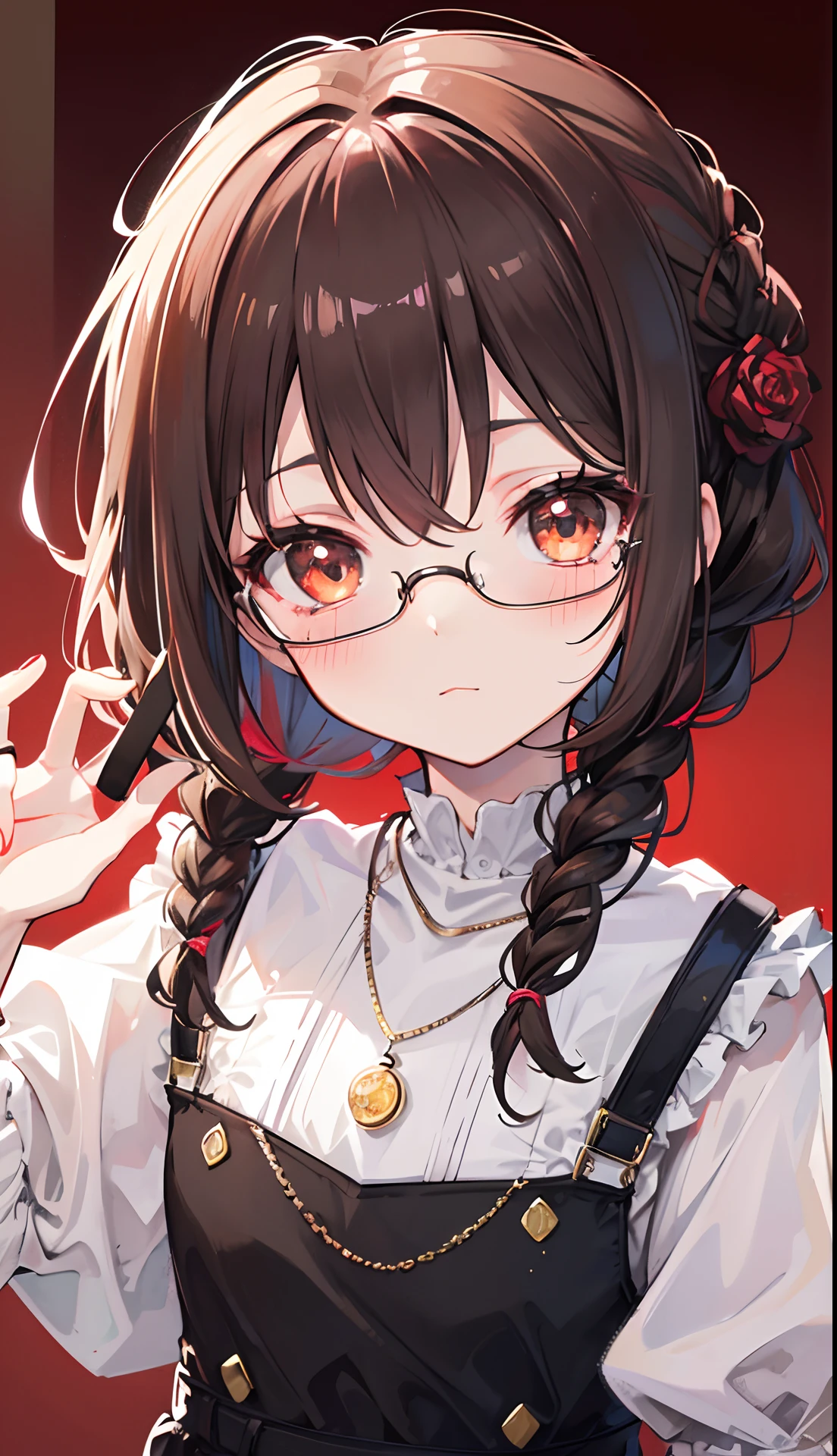 Reddish glow-brown braided hair,With thick black-framed glasses,The eyes are very affectionately glowing with fluorescence,With a cute black ring necklace,Lolita clothes in brown and red colors,Glowing,The face is shiny, super tender and shiny,is a ite cute liteet girl,Fluorescent overall,Delicate little loli litt swee