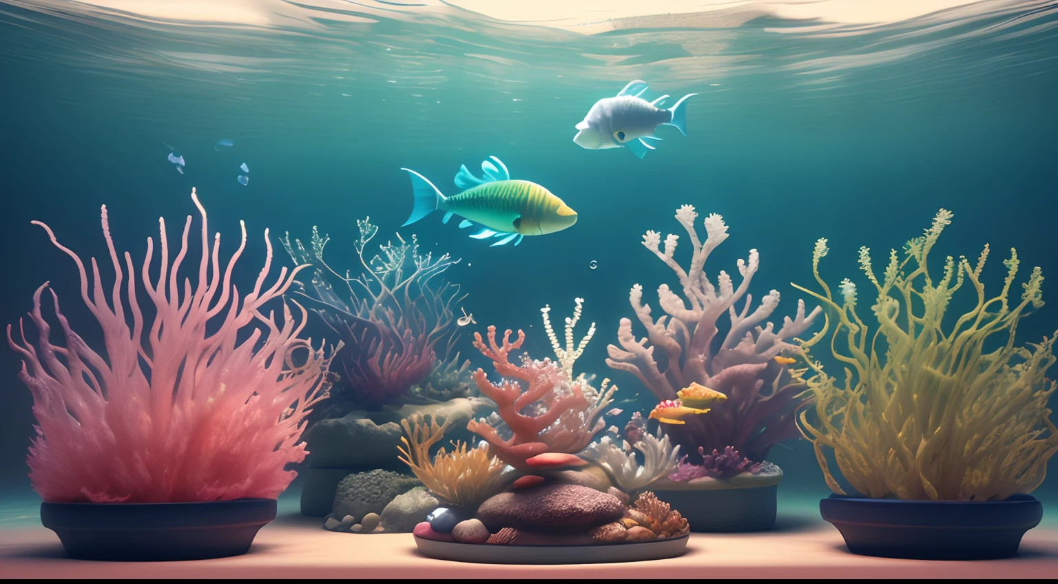 3d multi colored fish and sea plants fluffy, fashion, photo, cinematic, 3d render