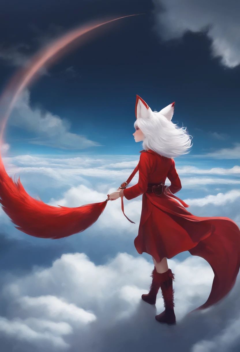 1girl, short white hair, spiky hair, fox ears, fox tail, red outfit, clouds