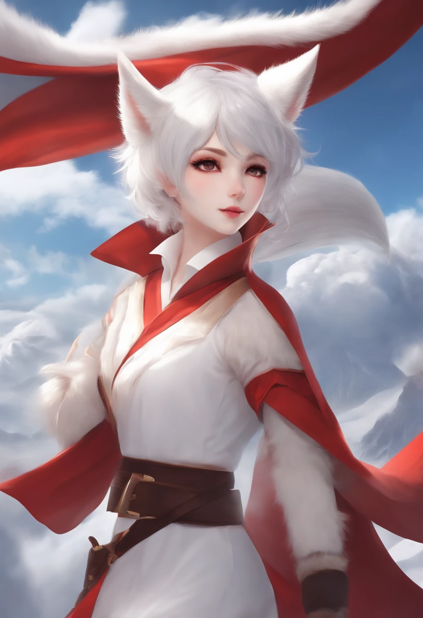 1girl, short white hair, spiky hair, fox ears, fox tail, red outfit, clouds