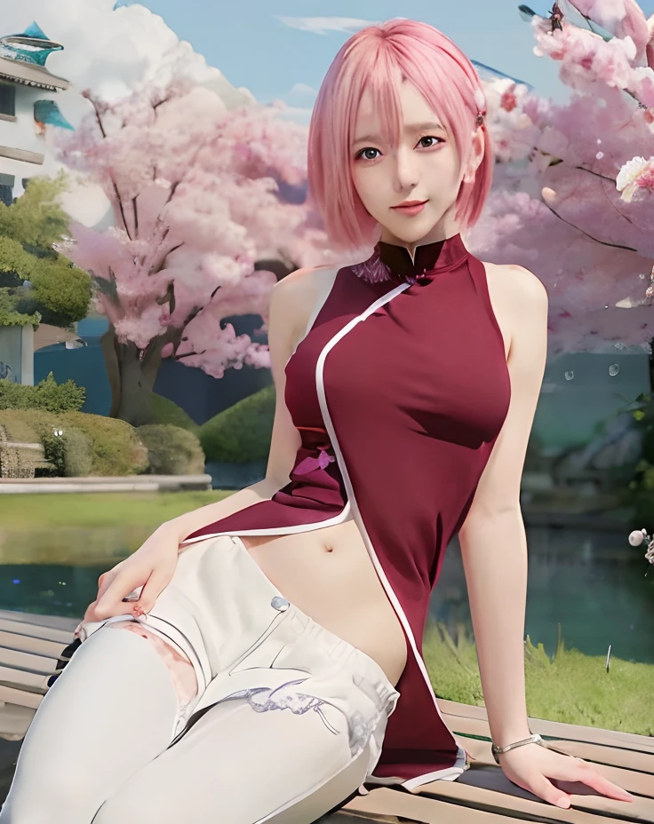 anime girl sitting on a bench with a bottle of water in her hand, sakura haruno, haruno sakura, sakura haruno in slug sage mode, from naruto, sakura petals around her, highly detailed exquisite fanart, anime style character, in anime style, lush sakura, anime realism style, clean detailed anime art, semirealistic anime style