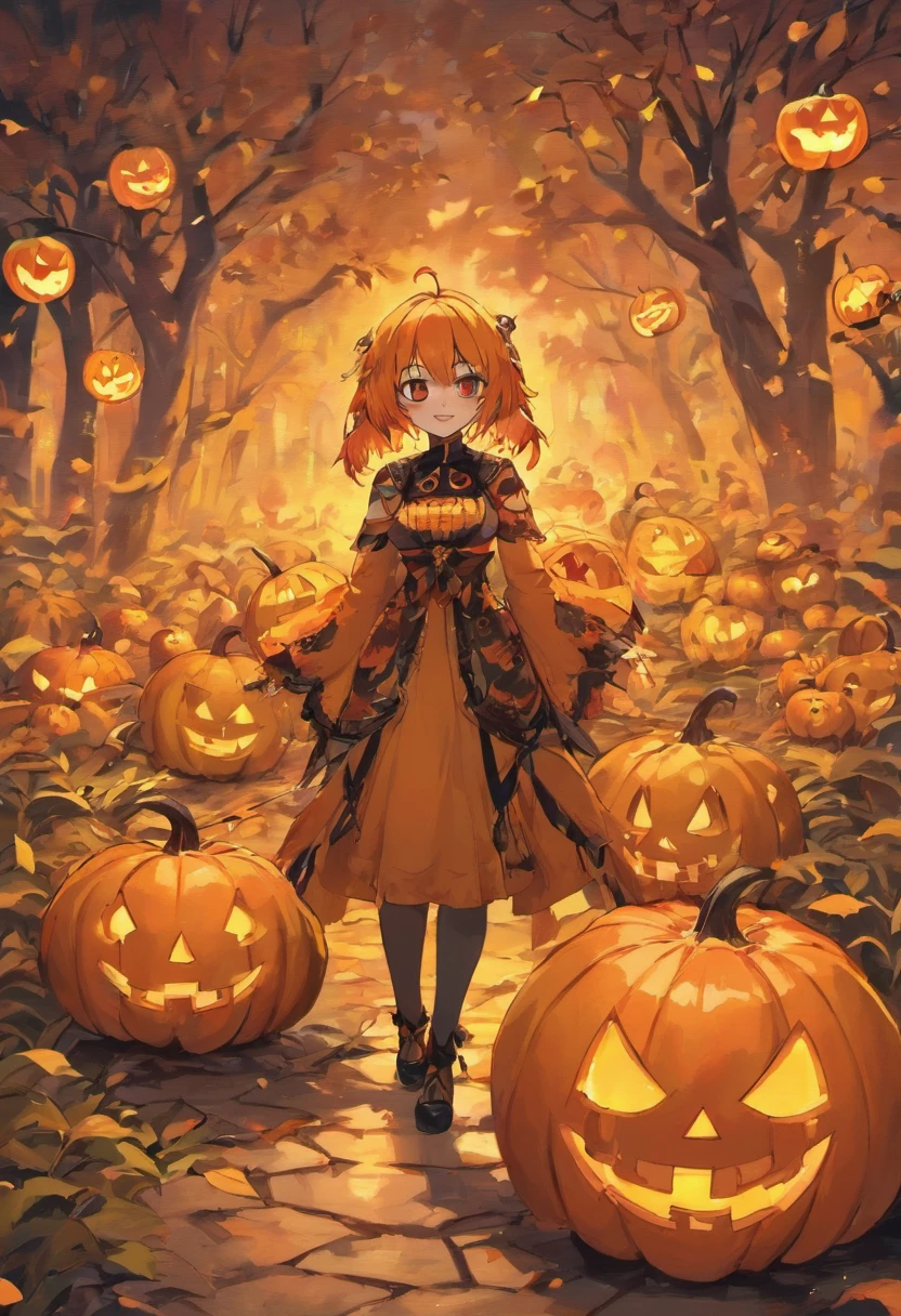 jack-o-lanterns、Spooky Halloween Garden Parrots and Jack-o'-Lanterns, Surrounded by bright autumn leaves. The garden is full of eerie lighting, Cast shadows on the carved face of a pumpkin, Create an eerie yet captivating atmosphere. Jack-o'-lantern is a classic grinning face,Illuminated by flickering candles,Colorful parrots perched on jack-o'-lanterns,Bright orange and black parrots,Black, round-eyed parrot,