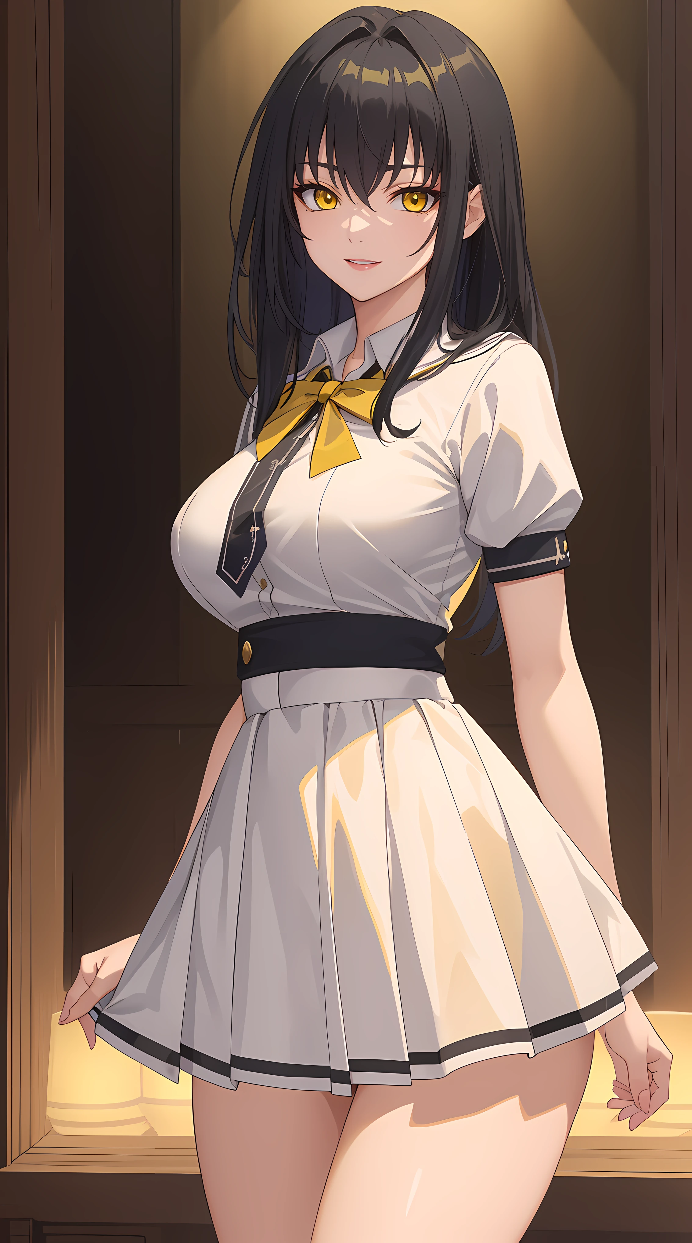 (masterpiece:1.4),(best quality:1.4),  soft lighting, cinematic bloom, beautiful face, beautiful eyes, cowboy shot,
1girl, solo, female mature, black hair, long hair, (yellow eyes:1.4), large breasts, school outfit, white outfit, highschool, hair intakes, exquisite eyes detail, exquisite character design unity details 8k hdr, professional art, landscape, (solo:1.5, 1girl:1.4, cowboy shot:1.5), sexy body, milf, 35 years old girl, big thighs, sexy waist, happy smile