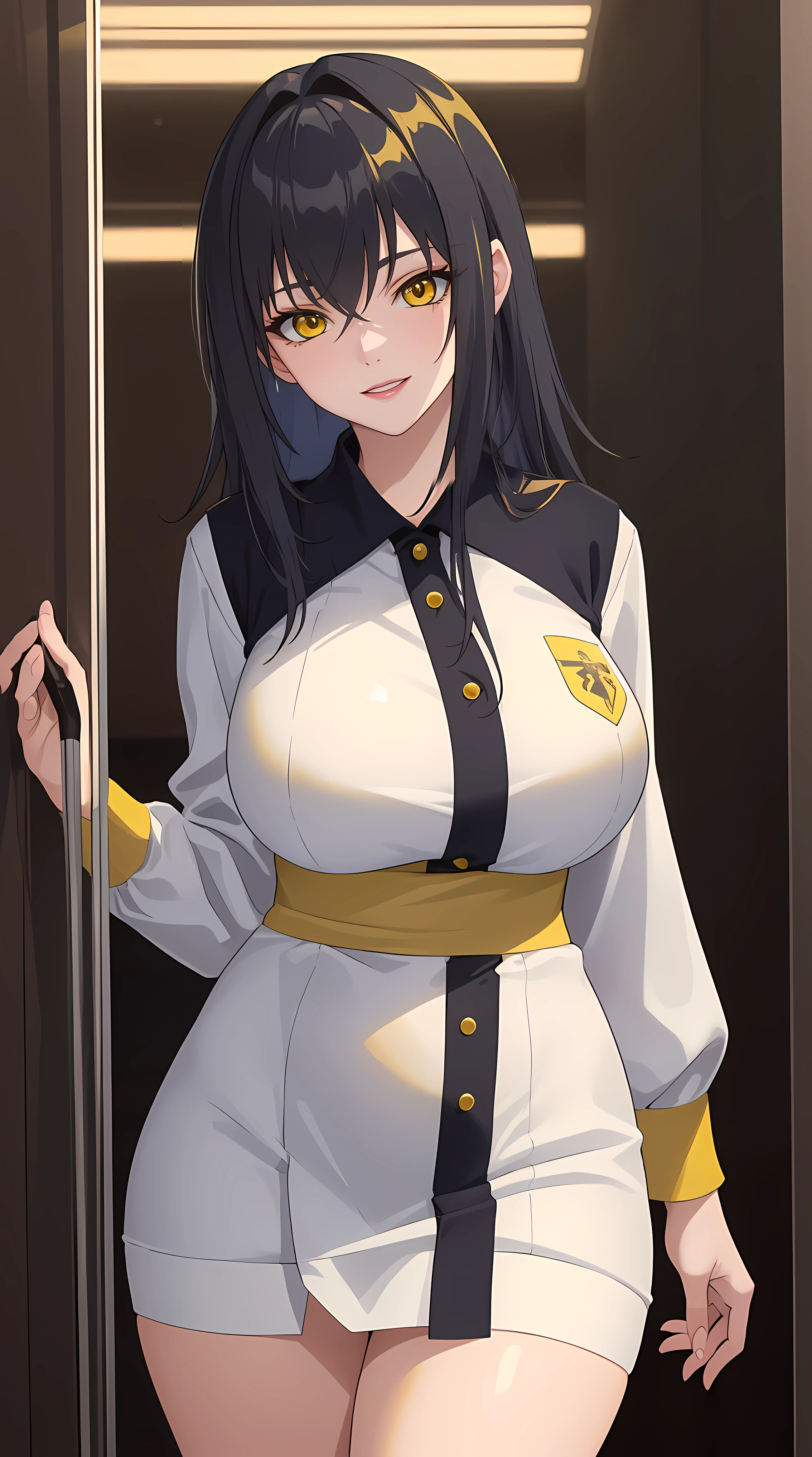 (masterpiece:1.4),(best quality:1.4), soft lighting, cinematic bloom, beautiful face, beautiful eyes, cowboy shot,
1girl, solo, female mature, black hair, long hair, (yellow eyes:1.4), large breasts, school outfit, white outfit, highschool, hair intakes, exquisite eyes detail, exquisite character design unity details 8k hdr, professional art, landscape, (solo:1.5, 1girl:1.4, cowboy shot:1.5), sexy body, milf, 35 years old girl, big thighs, sexy waist, happy smile