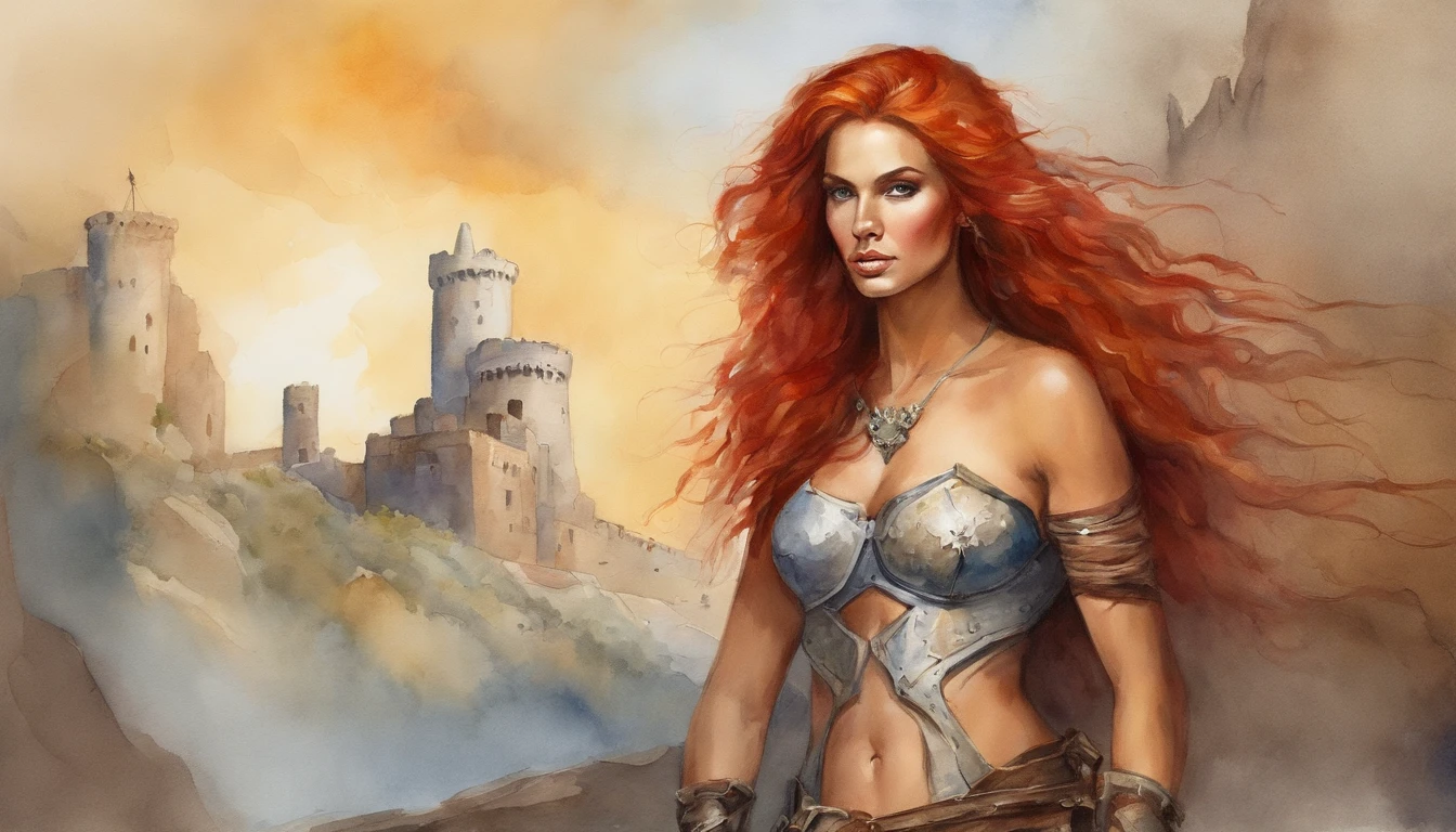 Handsome Girl, Tanned skin of the face and body, Sexy, long bright red hair, Minimalist armor, Bright makeup, muscular, A clear day, Ruins of an ancient castle, On the frame up to the waist