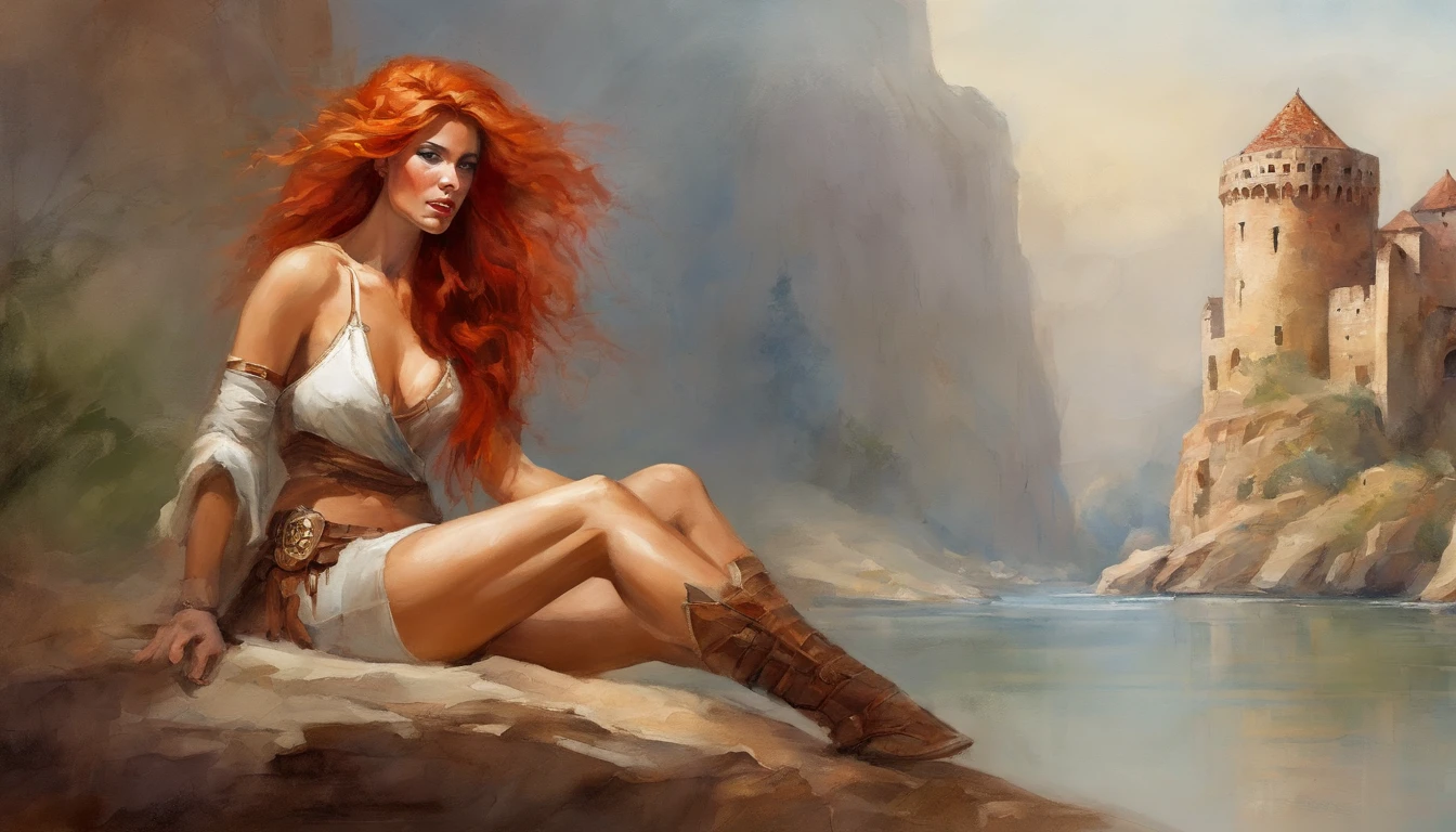 Handsome Girl, Tanned skin of the face and body, Sexy, long bright red hair, Minimalist armor, Bright makeup, muscular, A clear day, Ruins of an ancient castle, On the frame up to the waist