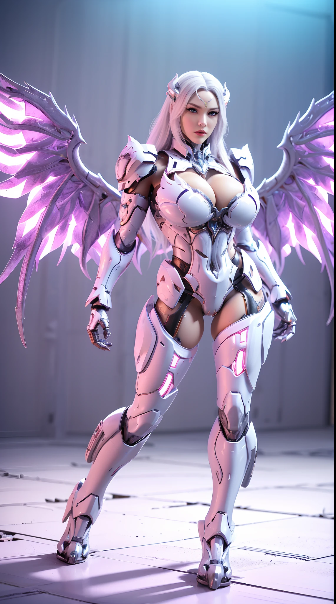 (DRAGON HEAD), HUGE FAKE BOOBS, (BEAUTIFUL FACE), (WHITE HAIR), (WHITE:1.2, PURPLE:0.8, MECHA ARMORED GEAR), (((A PAIR OF HUGE MECHANICAL WINGS SPREAD OUT))), FUTURISTIC DRAGON MECHA SUIT, (CLEAVAGE), (SKINTIGHT YOGA PANTS), (PERFECT BODY:1.2), (FULL BODY VIEW), FRONT, (STANDING:1), SEXY MUSCULAR BODY, MUSCLE ABS, UHD, 8K, 1080P.