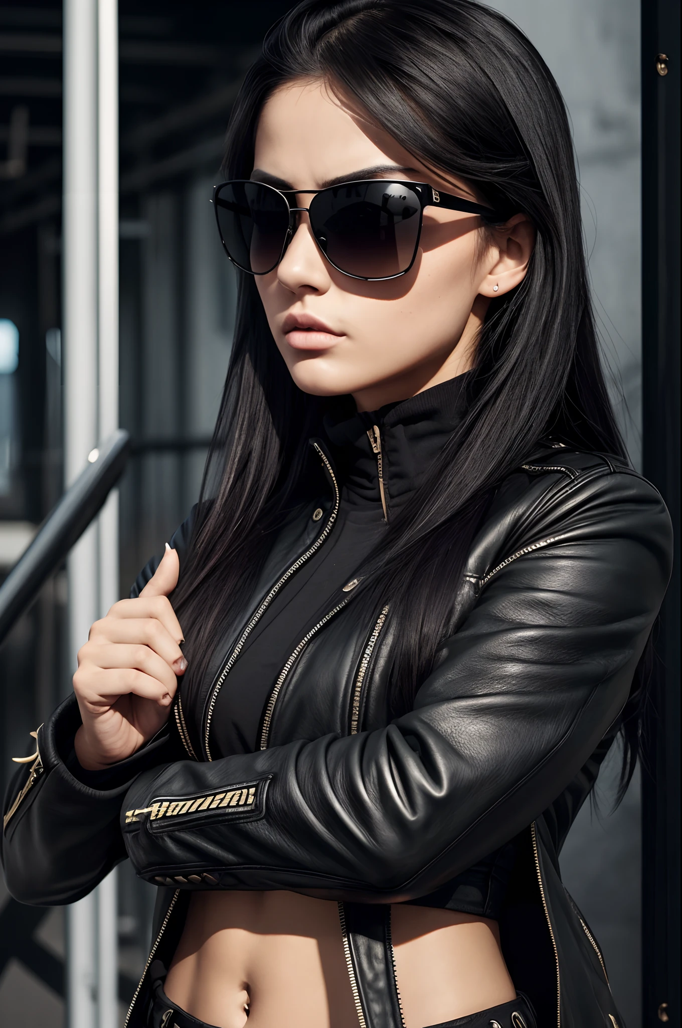 a poster of cocky badass arrogant offensive attitude female wearing full black shaders sunglasses posing arrogantly