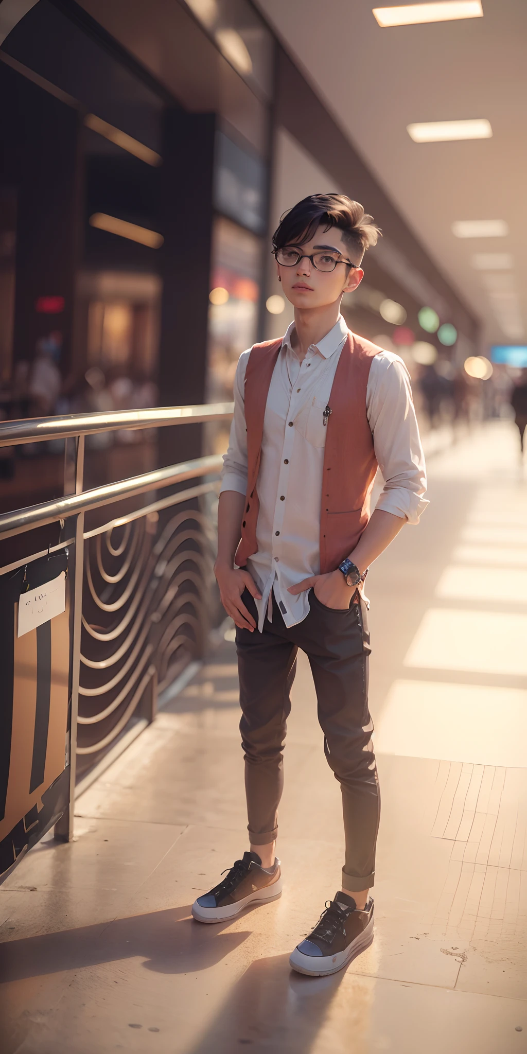 A boy in shoping mall. Handsome boy stylish clothes realistic 8k ultra realistic photograph